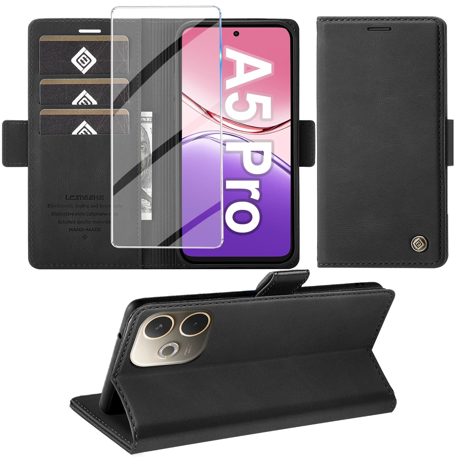 Giyer Cover per OPPO A5 Pro Custodia con Vetro Temperato, Premium Pelle PU Portafoglio Slot per Scheda RFID Antifurto Funzione Supporto Flip Case, Antiurto per OPPO A5 Pro 5G Cover (Nero)