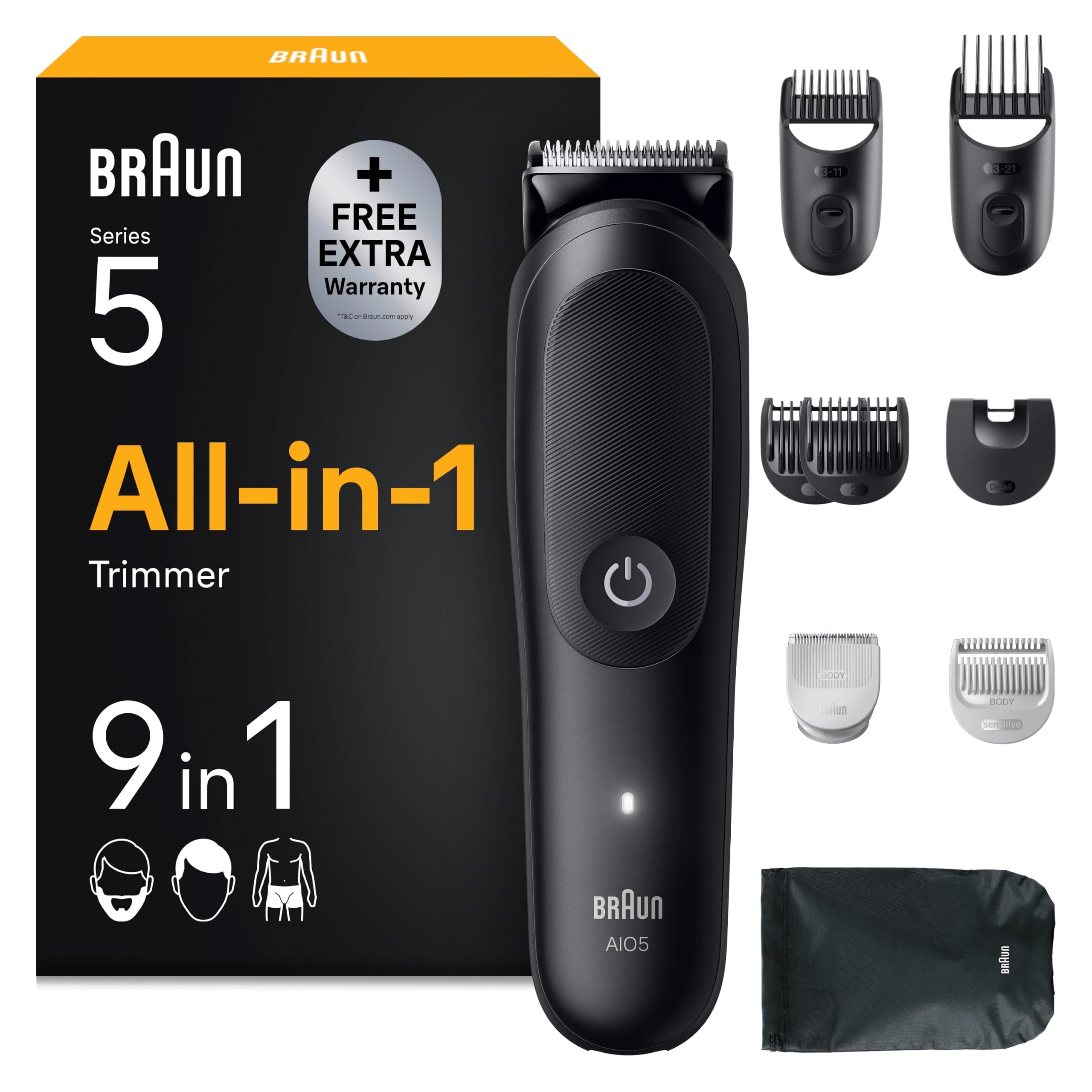Braun Tondeuse Electrique Homme, Tout-en-Un Series 5 AIO5540 9-en-1, Noire | Etanche, Batterie Rechargeable, Lame Ultra Affutée, sans Fil, Coffret avec 7 Sabots, Etui de Voyage