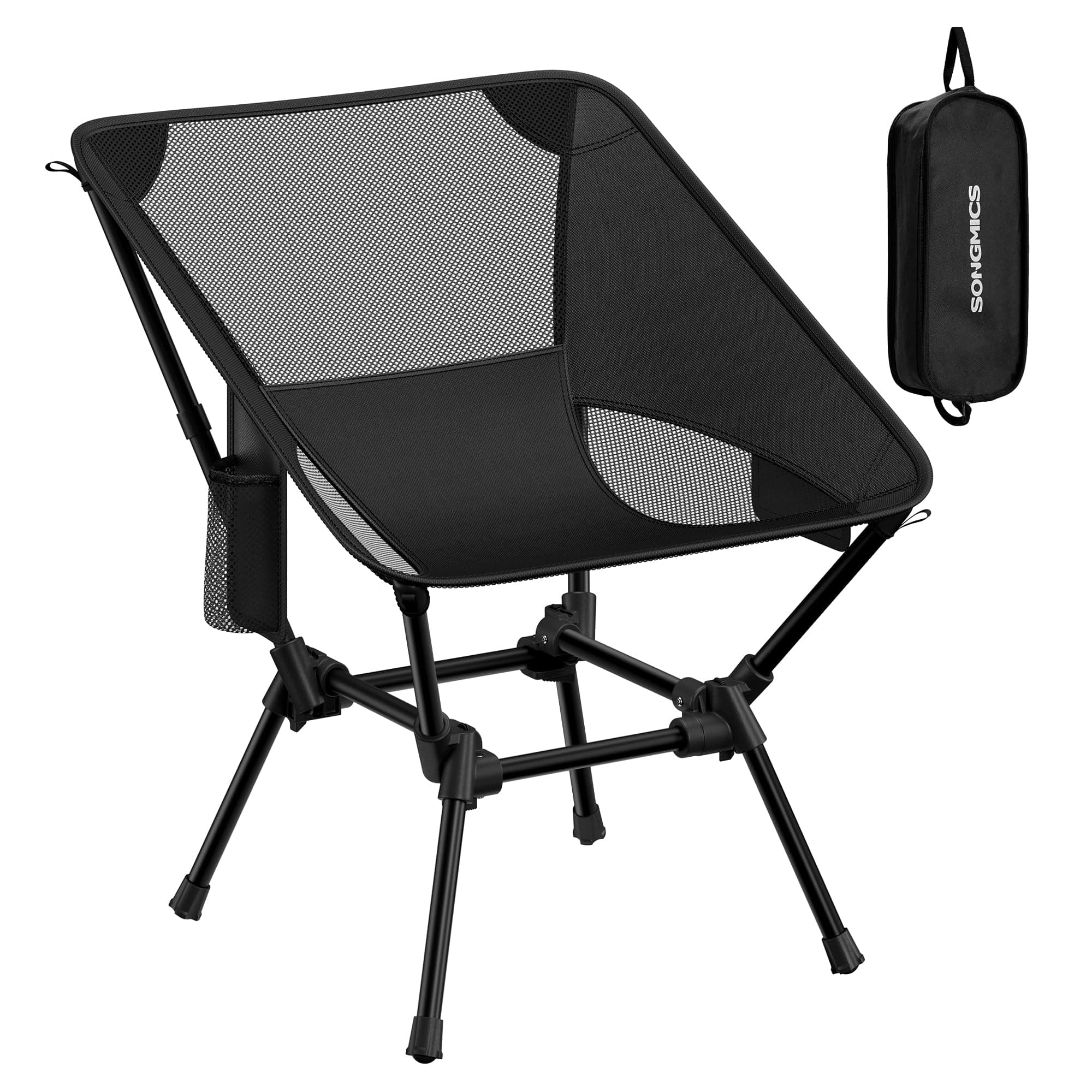 SONGMICS Sedia da Campeggio, Sedia da Esterno, Altezza Regolabile, Struttura in Acciaio, Portata 150 kg, 2 Tasche, per Campeggio, Viaggi, Nero GCB050BZ01