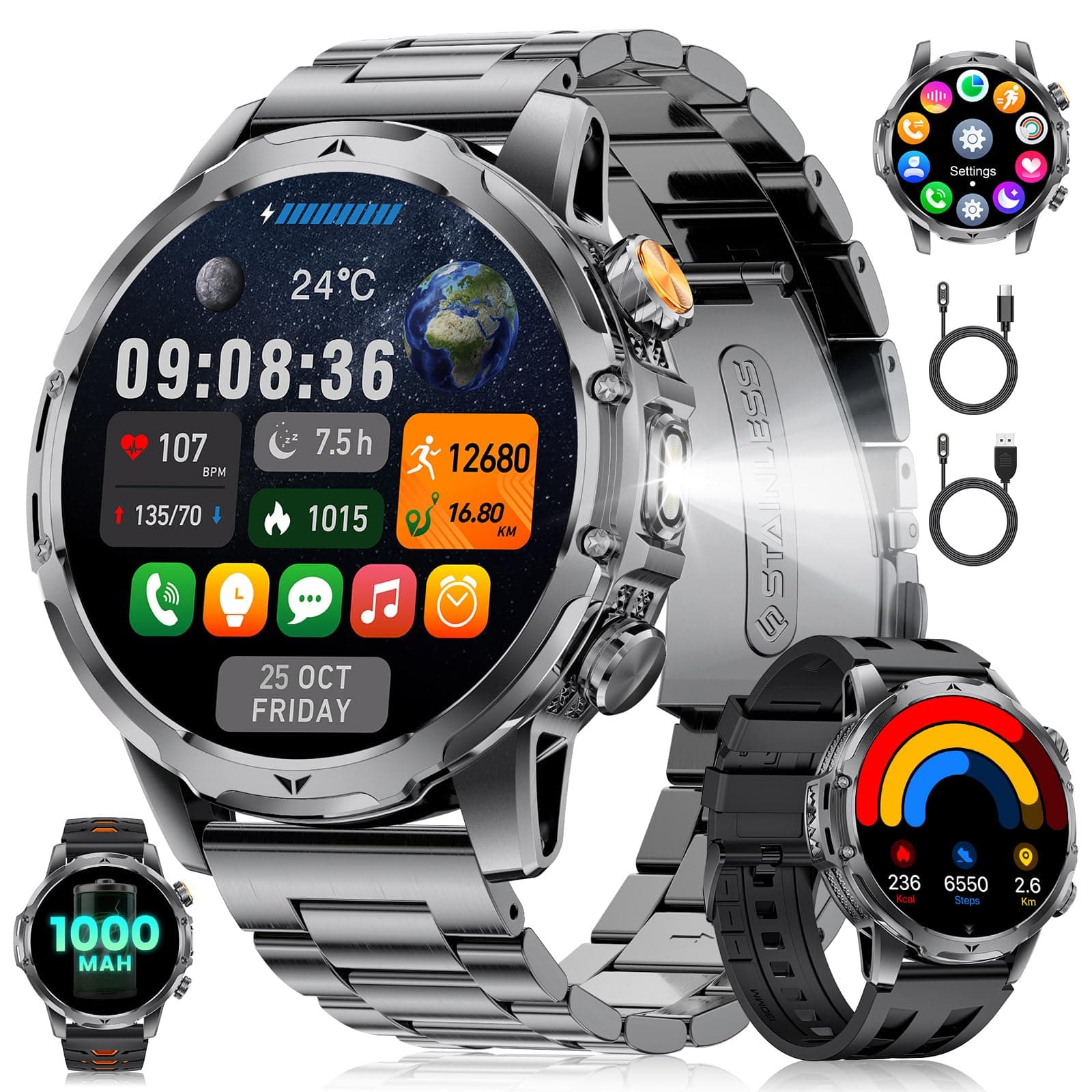 Reloj Inteligente Hombre con Llamadas/Batería 1000 mAh para Android iOS, 1,53" HD Grande Smartwatch Militar con Frecuencia Cardíaca/129 Modos Deportivos, IP68 Resistente al Agua, Linterna, 3 Correas