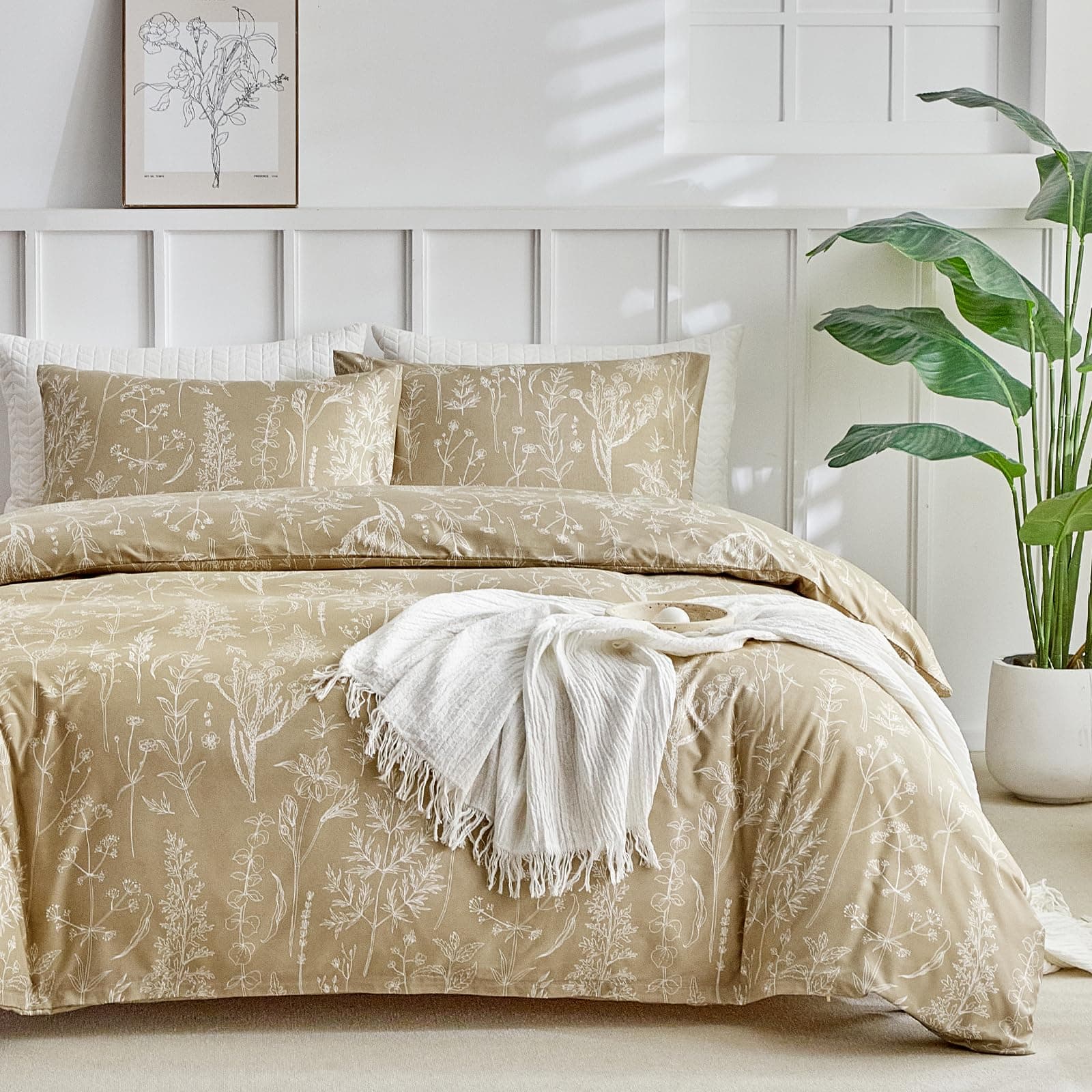 Tokokimo Set Copripiumino Matrimoniale 240x220 cm 100% Microfibra Stile Salvia Dipinti a Mano, Copripiumone Morbido e Resistente Alle Rughe, 1 copripiumini + 2 Federa 50x80, Khaki