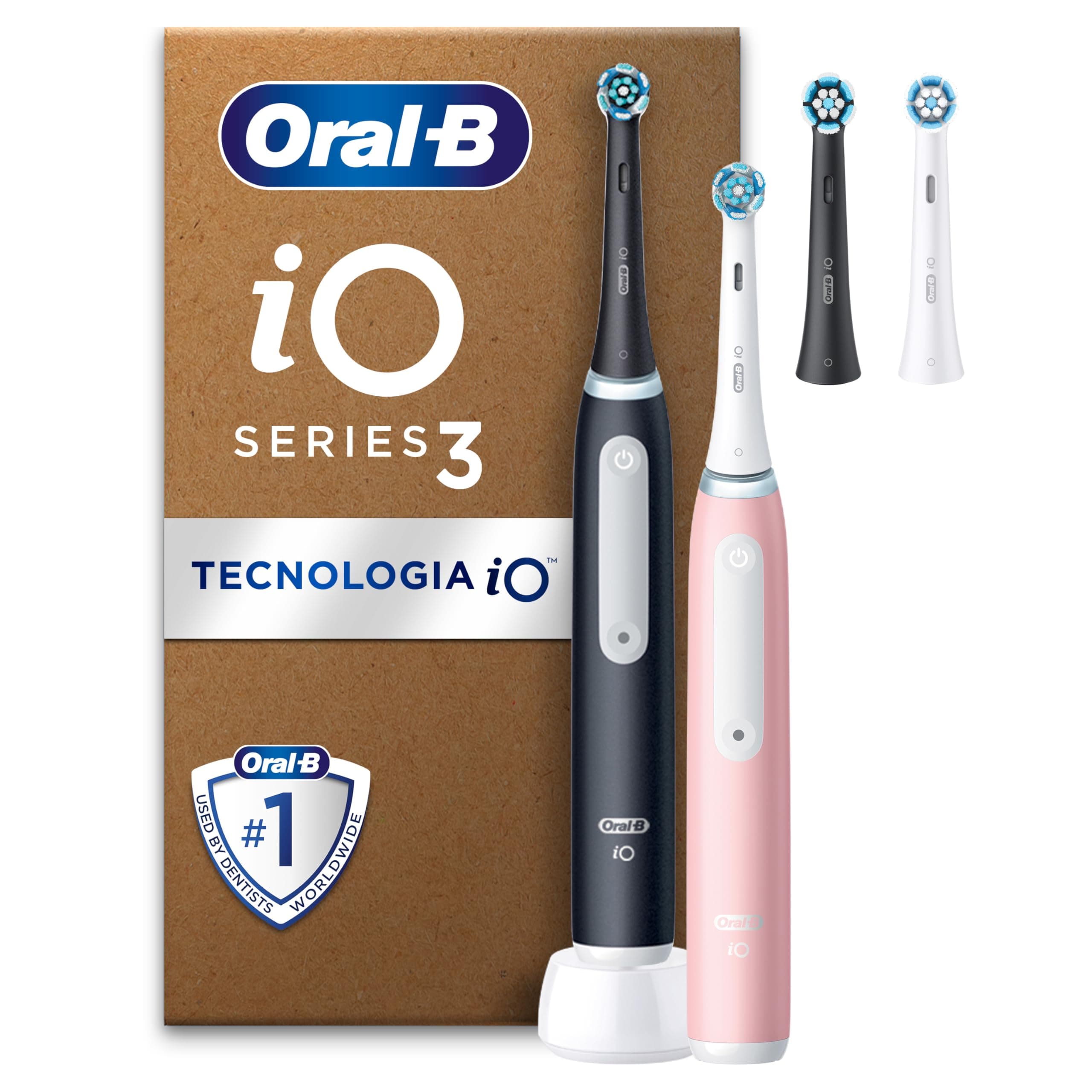 Oral-B Spazzolino Elettrico Ricaricabile iO 3 Rosa e Nero, 2 Testine di Ricambio, 1 Custodia da Viaggio, Confezione Doppia, 2 Spazzolini