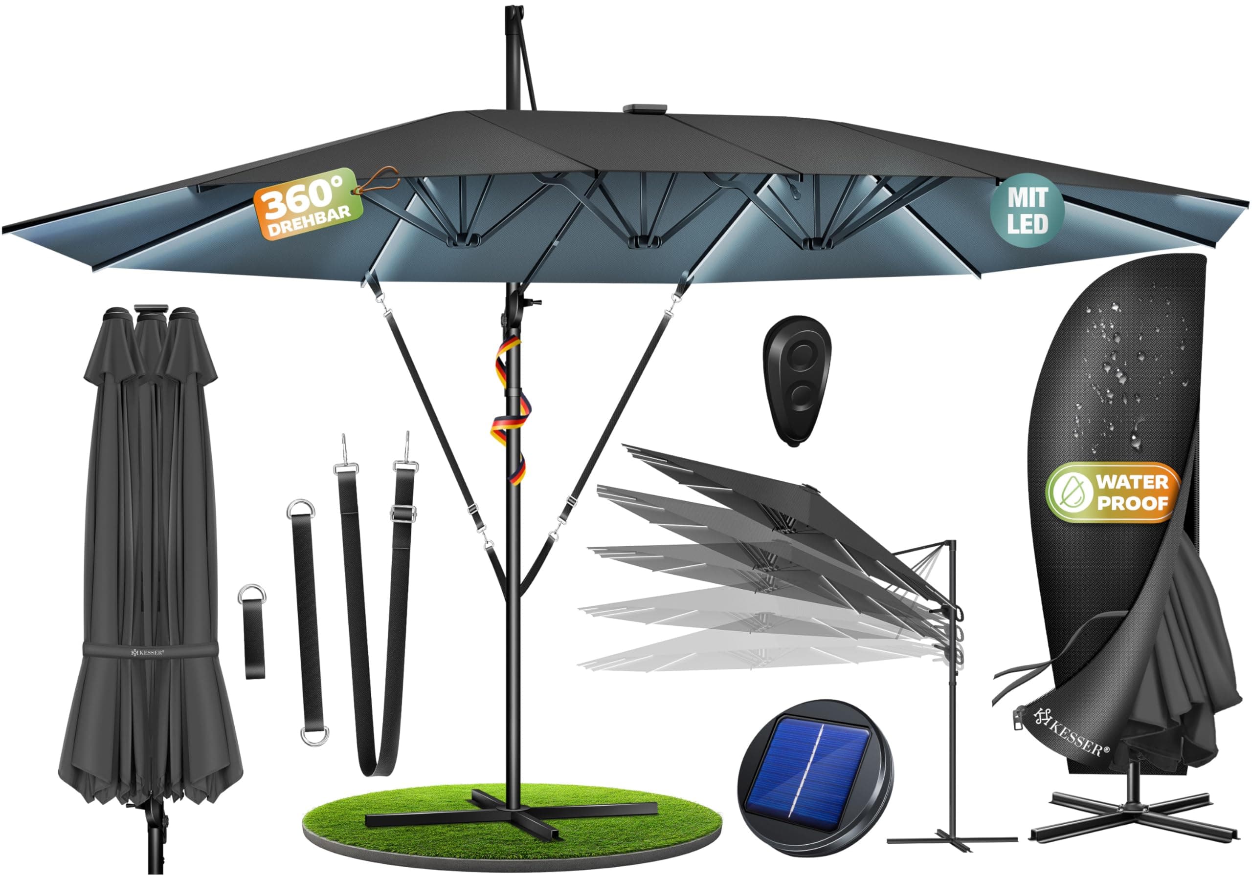 KESSER® Parasol double 4,6 m x 2,7 m | Housse de parasol déporté & protection contre le vent avec manivelle et support | Parasol à manivelle en aluminium résistant à l'eau | Inclinable et rotatif à