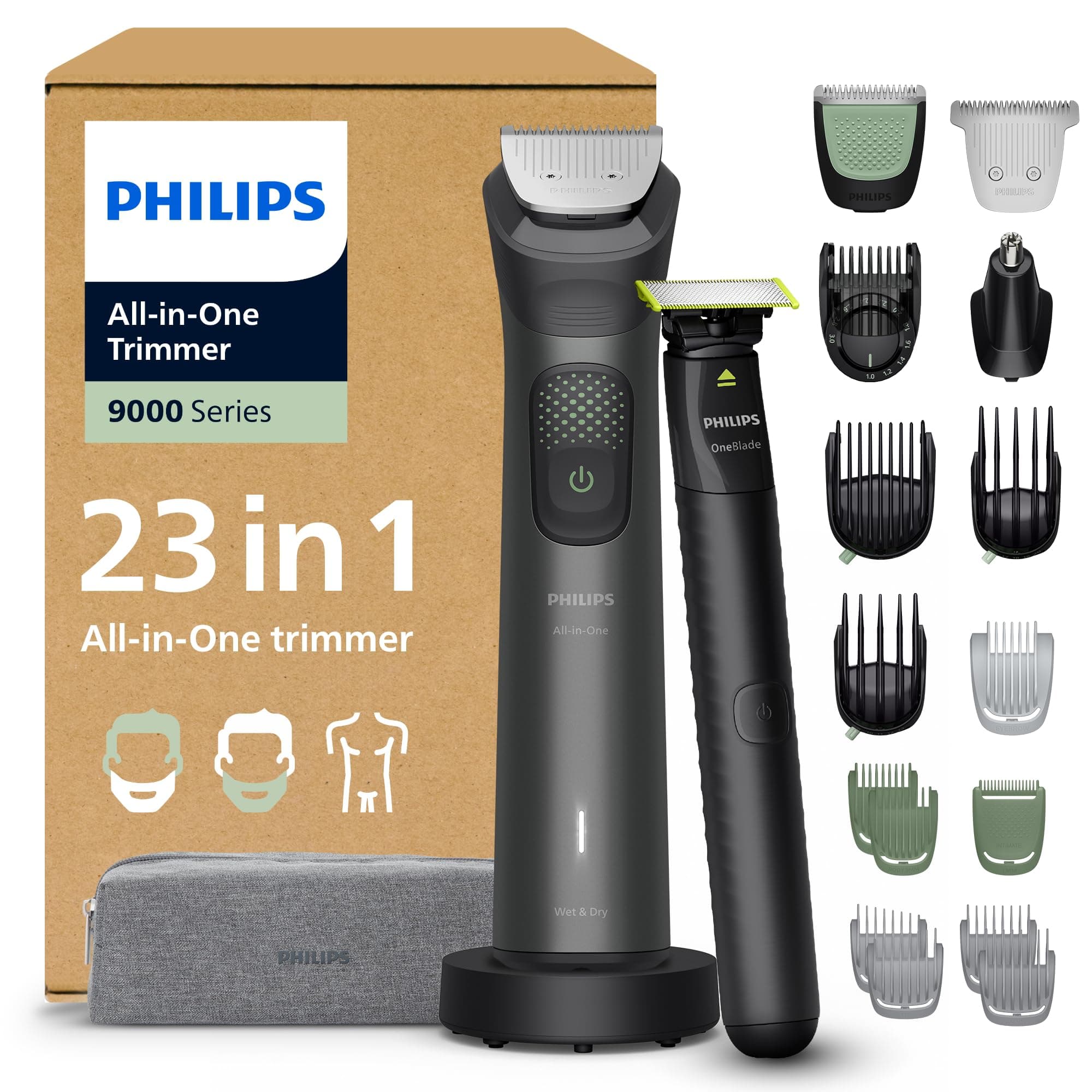 Philips Recortadora todo en uno de 23 en 1 Serie 9000 + OneBlade - Afeitadora y cortapelos hombre para rostro, cabeza y cuerpo, 27 longitudes (0,2-20 mm), recargable, MG9561/30
