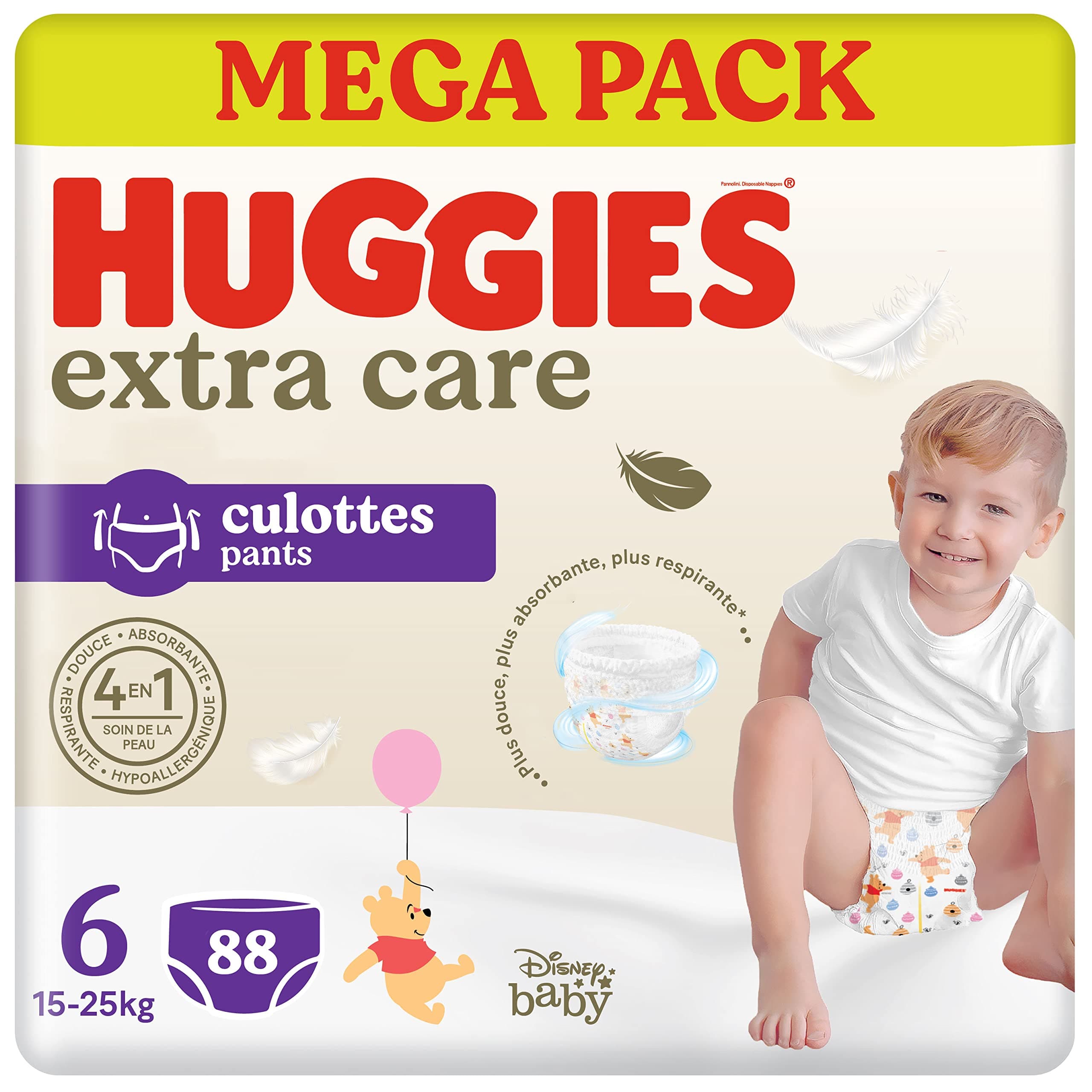 HUGGIES Extra Care - Culottes Taille 6 (15/25kg) - Pack de 88 couches-culottes - facile à mettre et à enlever ultra-doux - matériaux absorbants et respirants - hypoallérgénique