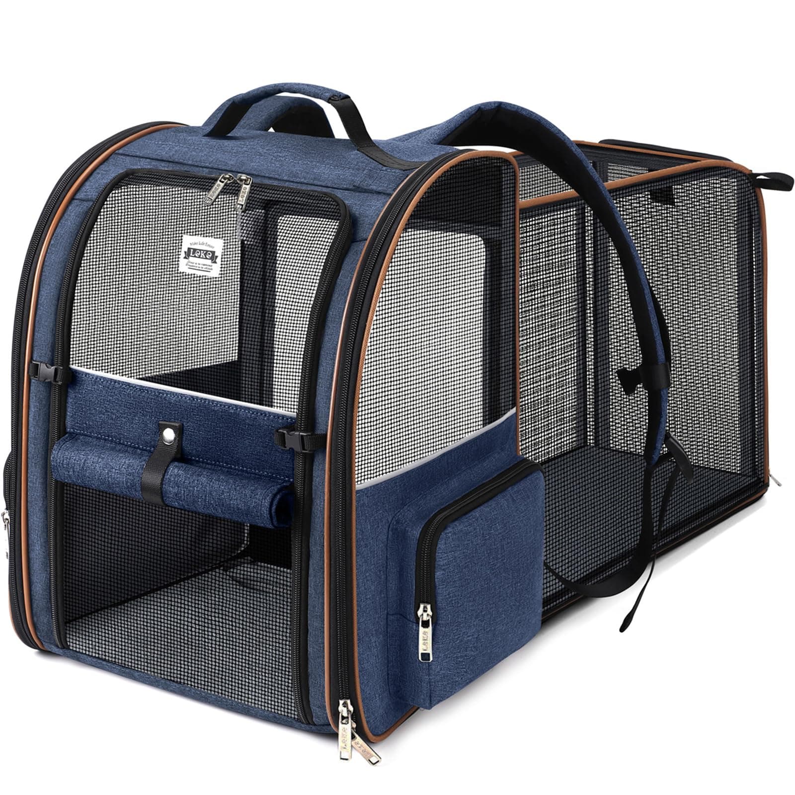 Lekespring Transportin Gato Extensible con 4 Entradas | Mochila Gato Transpirable - Transportin Perro Pequeño con Arnés Interno - Mochila Perro Carga Máxima 12kg Impermeable - Azul XXL