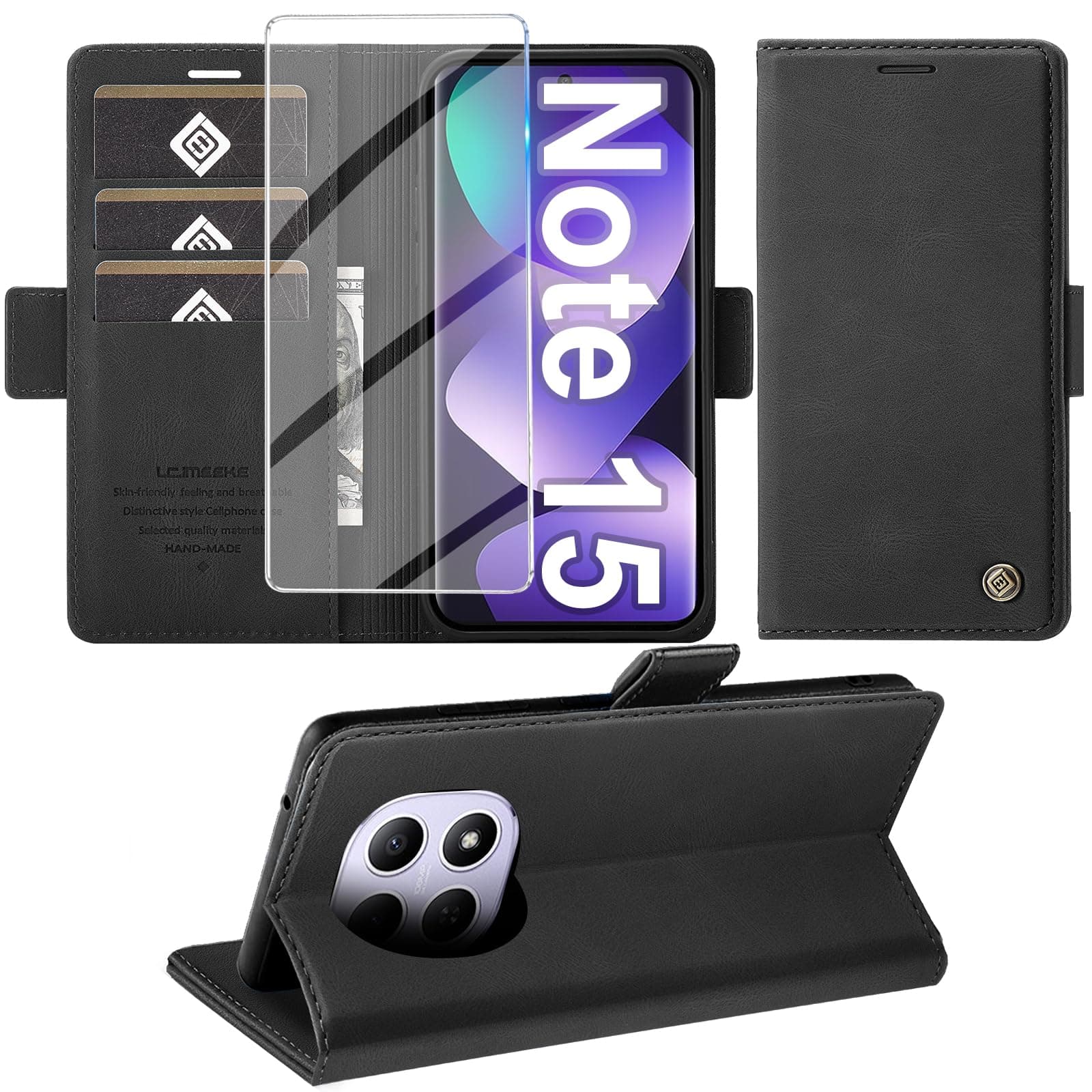 Giyer Cover per Xiaomi Redmi Note 15 Custodia con Vetro Temperato, Premium Pelle PU Portafoglio Slot per Scheda RFID Antifurto Funzione Supporto Flip Case, Antiurto per Redmi Note 15 5G Cover (Nero)