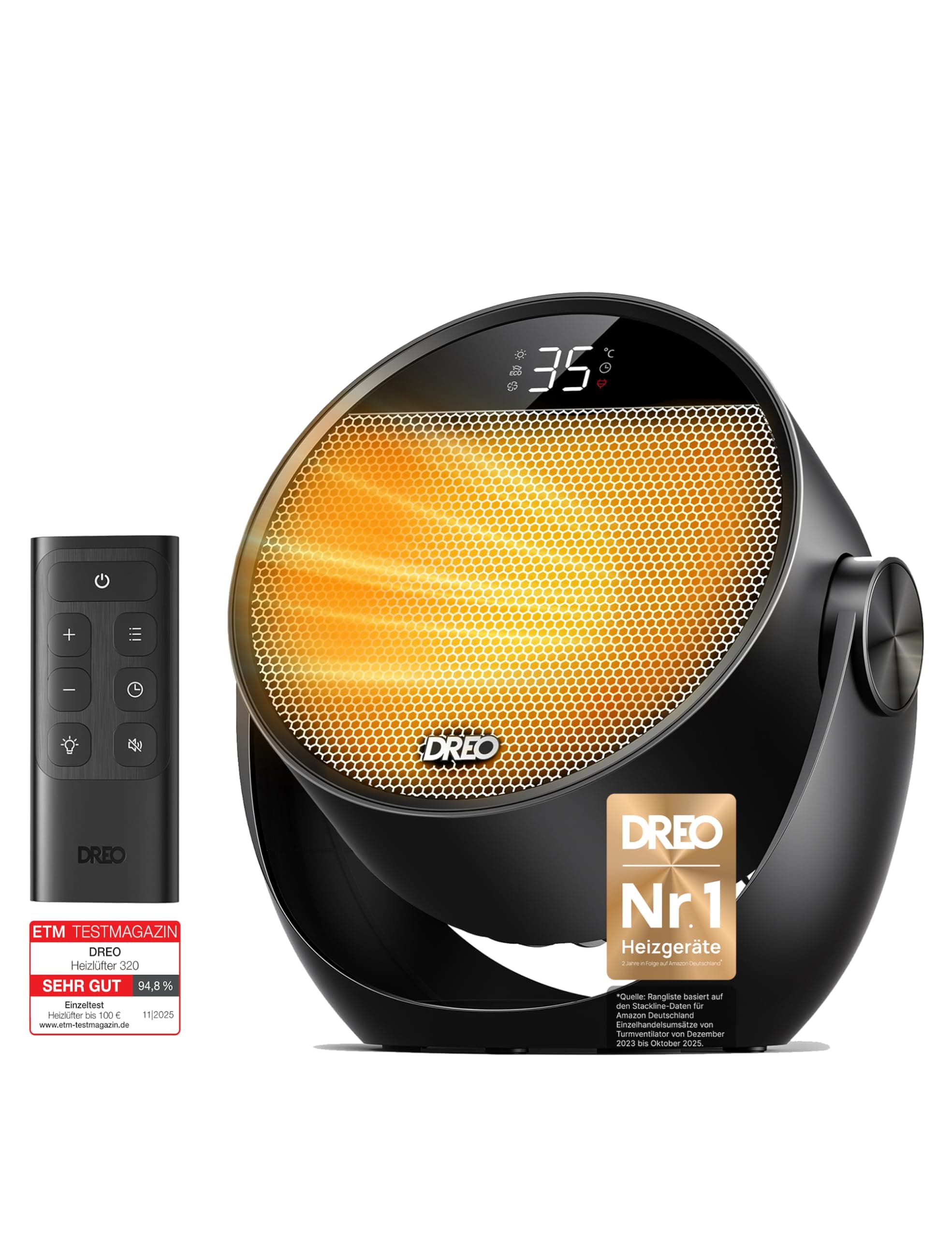 Dreo Heizlüfter Energiesparend Klein, Leiser 1500W Tragbar Heizlüfter mit Fernbedienung, Thermostat, 60° Neigbar, 8 Sicherheitsfunktionen, PTC-Keramik,12-Std-Timer, 3 Modus 3 Geschwindigkeit, Schwarz