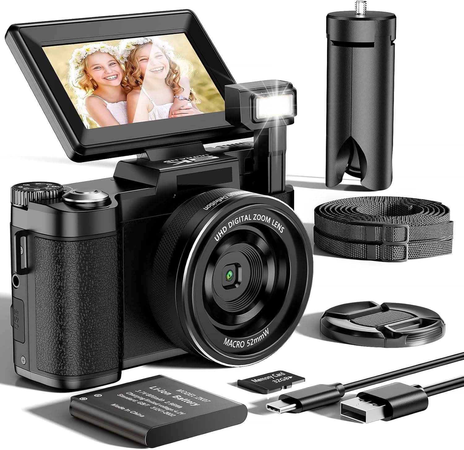 Macchina Fotografica 5K 64MP Zoom Digitale 18X Autofocus Fotocamera Digitale, Schermo IPS 3" Rotante a 180°, Fotocamera per Vlogging con Scheda di Memoria da 32GB,per Principianti
