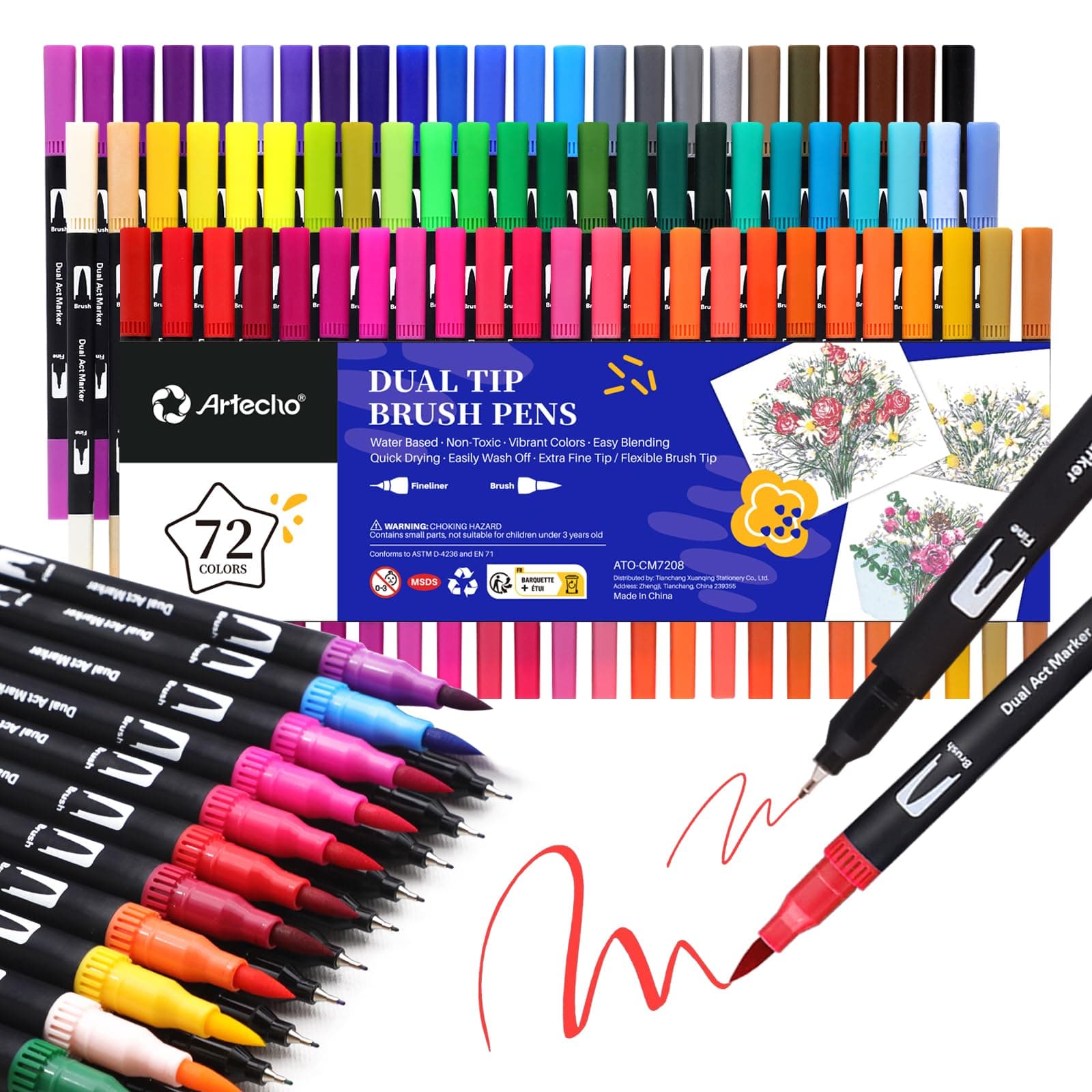Artecho Feutre Coloriage Adulte 72 Couleurs, Double Pointe Feutre Aquarelle pour Dessin, Mandalas, Manga, Doodling et Calligraphie, Brush Pen pour Débutants et Artistes