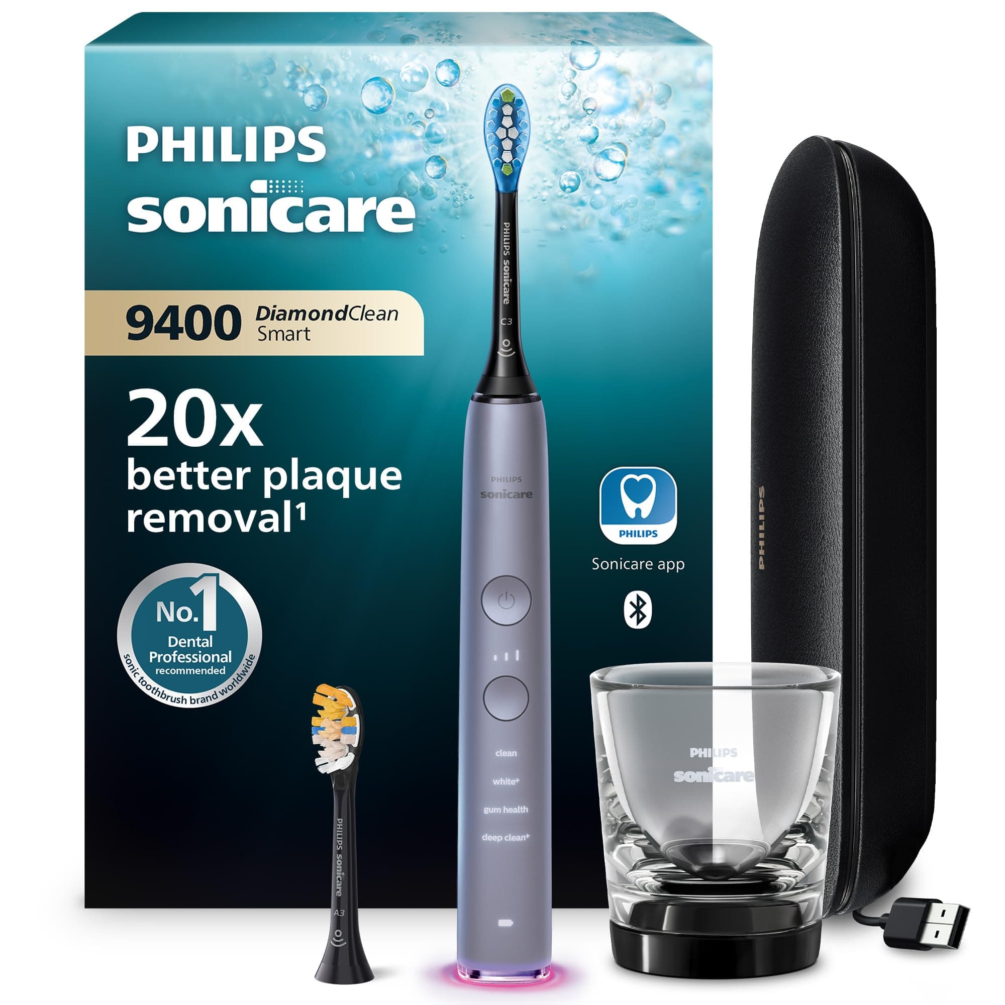 Philips Sonicare DiamondClean Smart 9400 spazzolino elettrico, spazzolino sonico con app, sensore di pressione, rilevamento della testina, grigio, modello HX9917/90