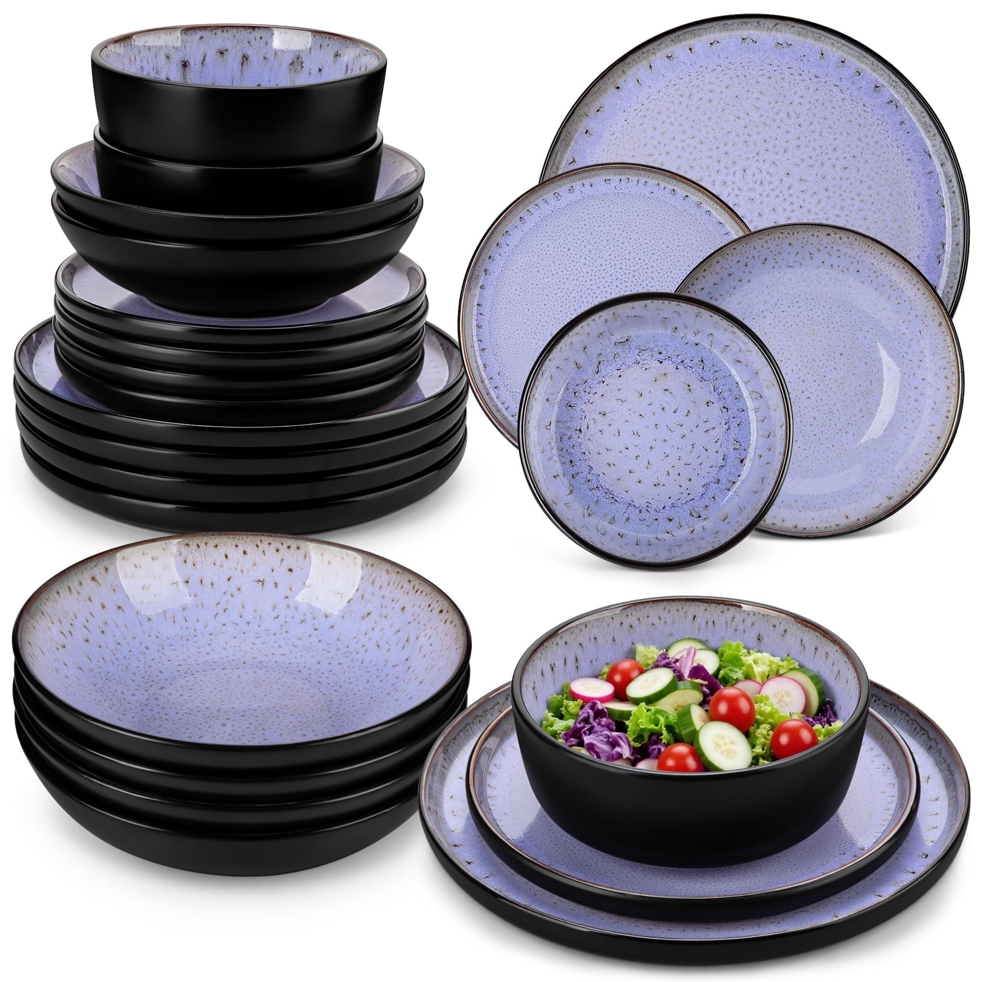 vancasso AMBER Service de Table 6 Personnes, Vaisselle 24 Pièces en Grès - 6 Assiettes Plates, 6 Assiettes à Dessert, 6 Bols à Pâtes et 6 Bols - Adapté au Micro-Ondes - Glaçure Violette