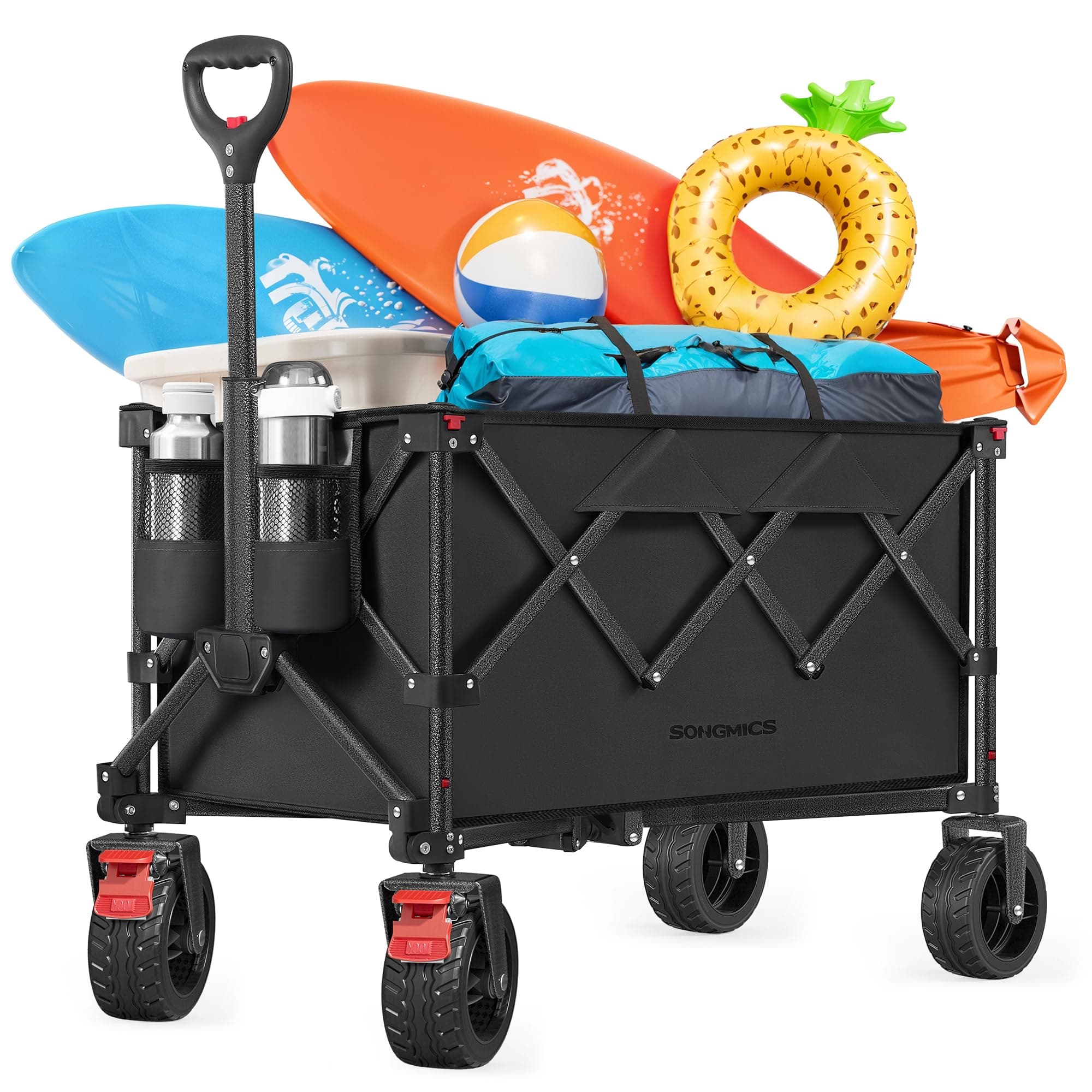 SONGMICS Carrello da Campeggio Pieghevole, Carretto, 150 L, Portante 150 kg, Carrello da Giardino, con Manico, 4 Ruote Rimovibili, Salvaspazio, per Esterni, Giardino, Nero Inchiostro GFW115B01