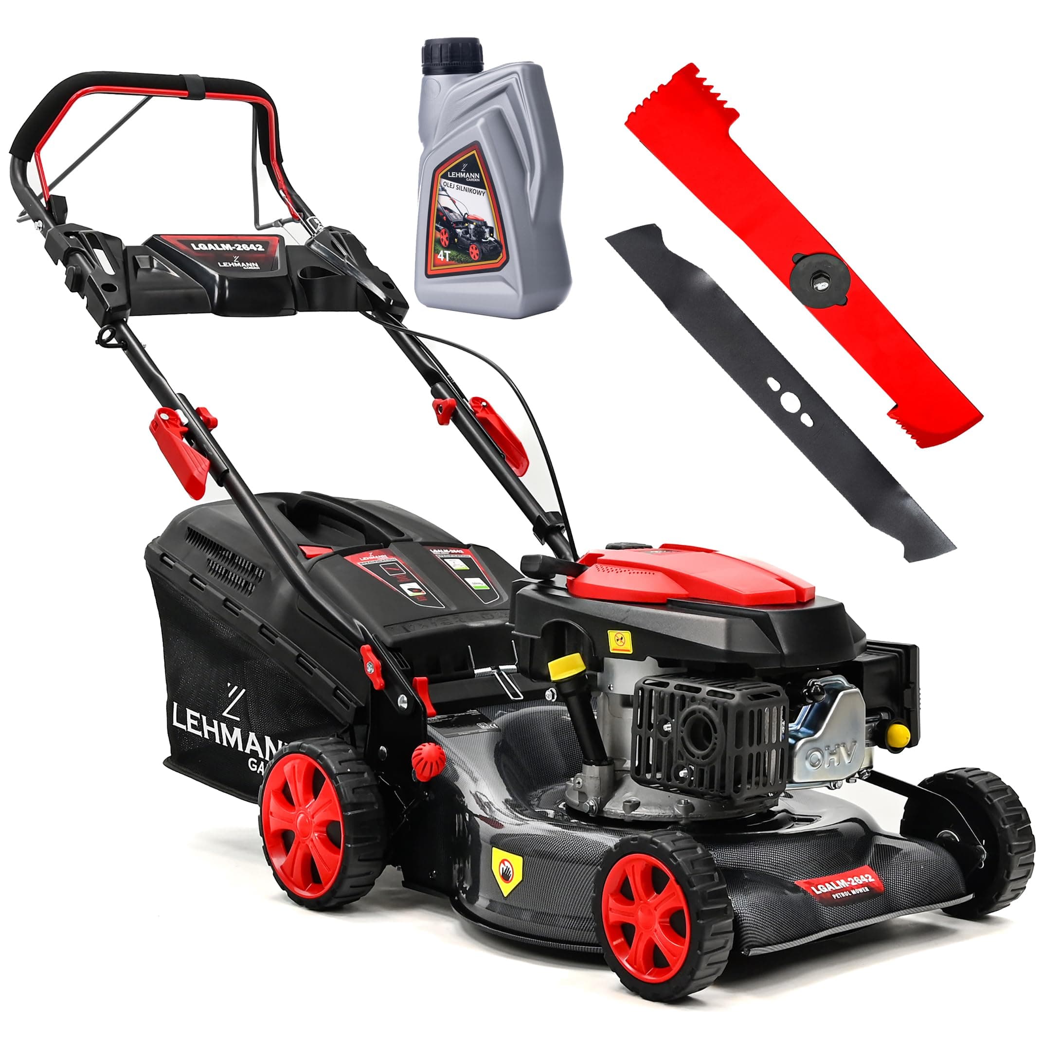 Lehmann LGALM-2642 Tosaerba a benzina con trazione posteriore, 146 cm3 2,6 kW, larghezza di taglio 42 cm, robusto alloggiamento in acciaio, regolazione in altezza di taglio a 5 livelli 25-70 mm