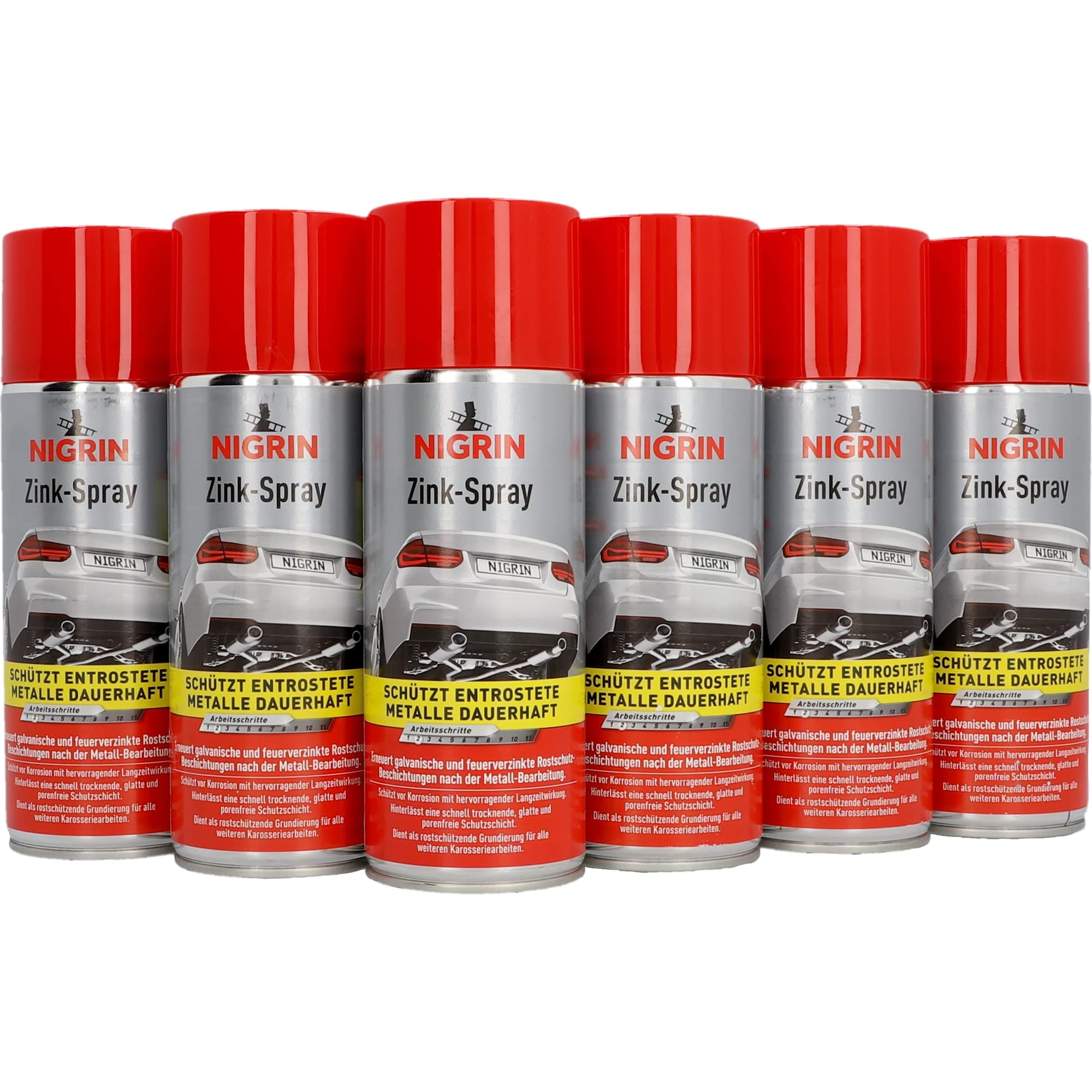 NIGRIN Zinkspray, 6 x 400 ml, erneuert die Rostschutz-Beschichtung nach der Metall-Bearbeitung, langanhaltender Rostschutz, schnell trocknend, Silbergrau