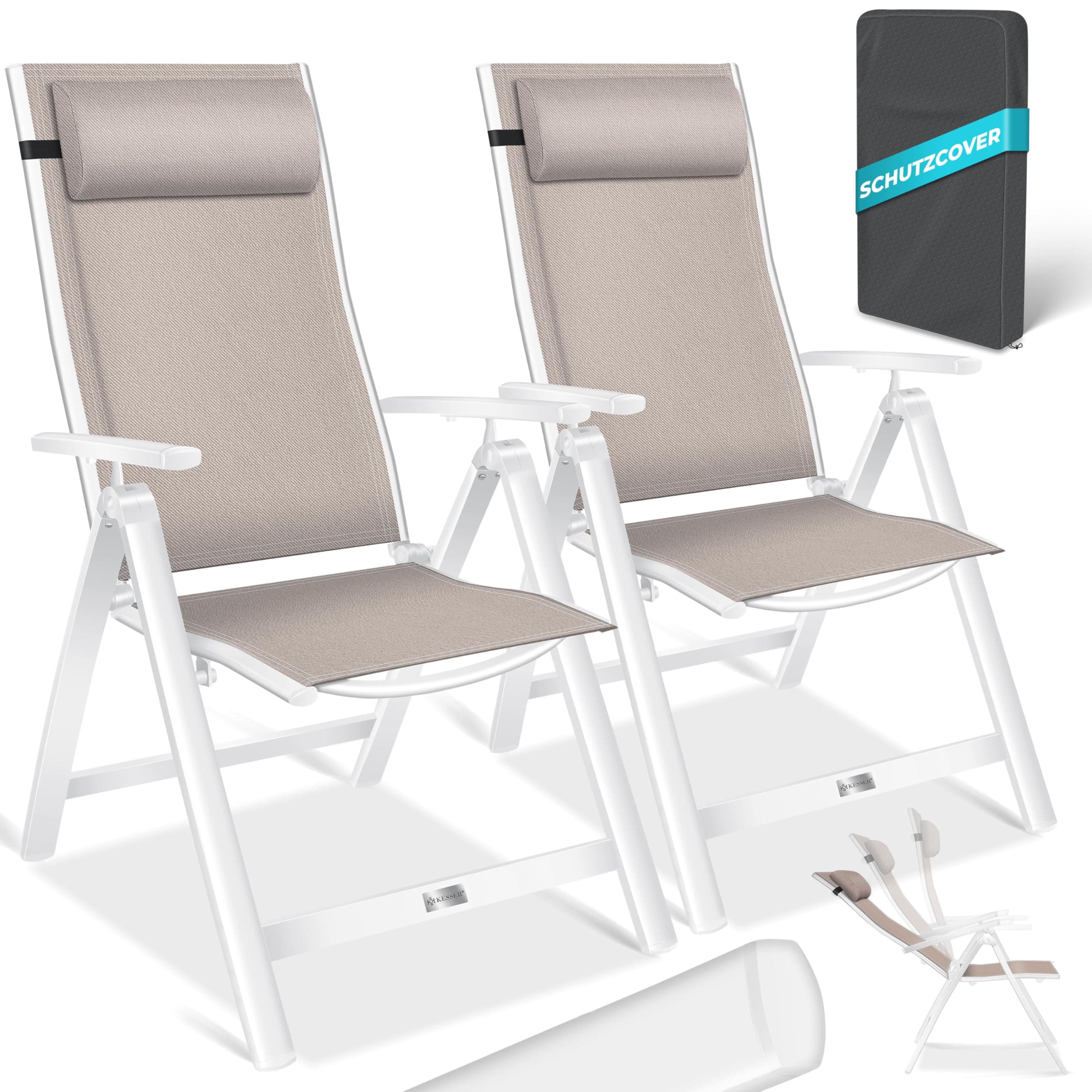 KESSER® Sedia da giardino con schienale alto con braccioli, set di 2 sedie pieghevoli in alluminio con cuscino e copertura, sedia da campeggio a 7 posizioni, schienale regolabile, traspirante