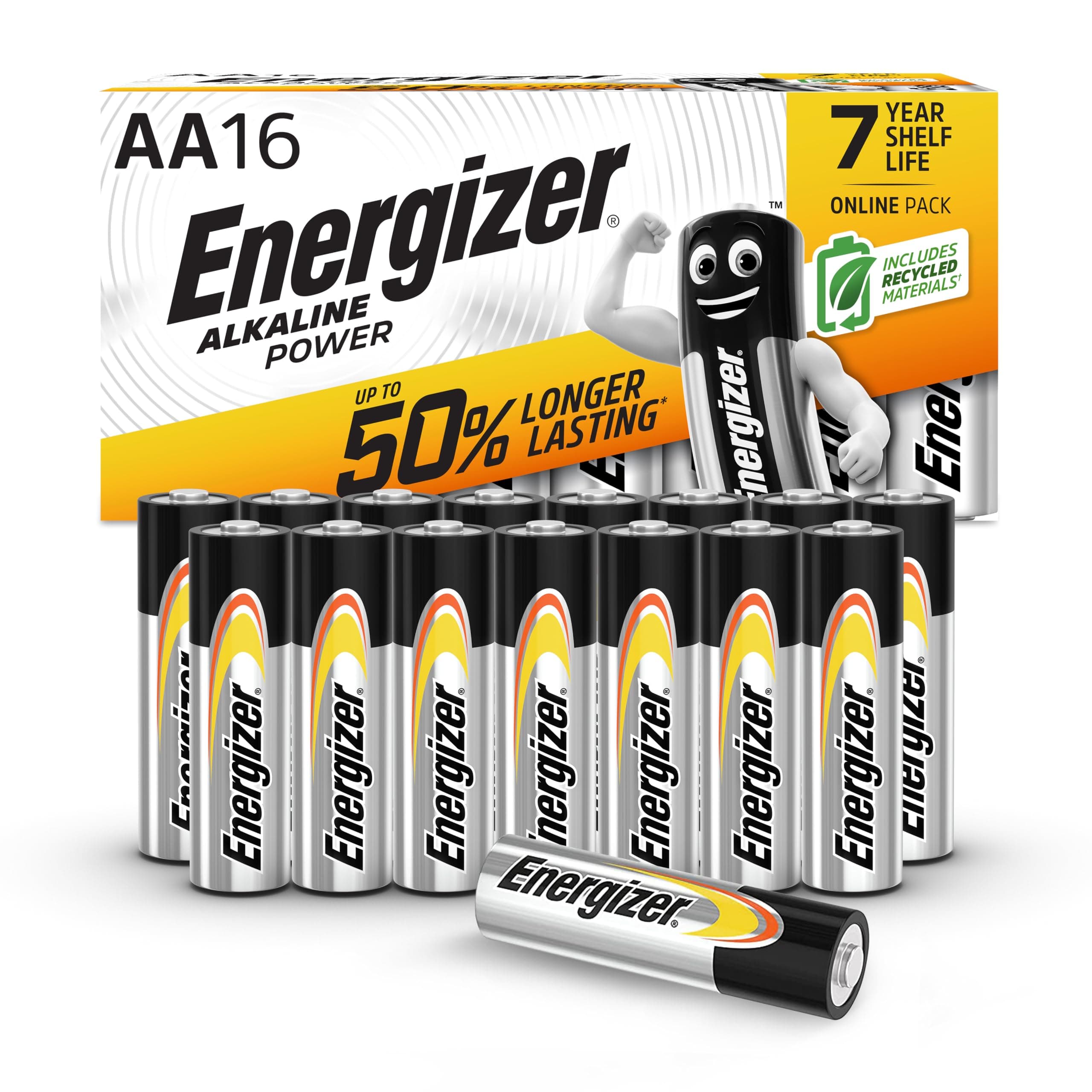 Energizer Alkaline Power - Pilas AA (Paquete de 16) - 1,5V Baterías Alcalinas - para Aparatos Domésticos y Electrónicos - Embalaje 100% reciclable - 7 años de Vida útil [Exclusivo en Amazon]