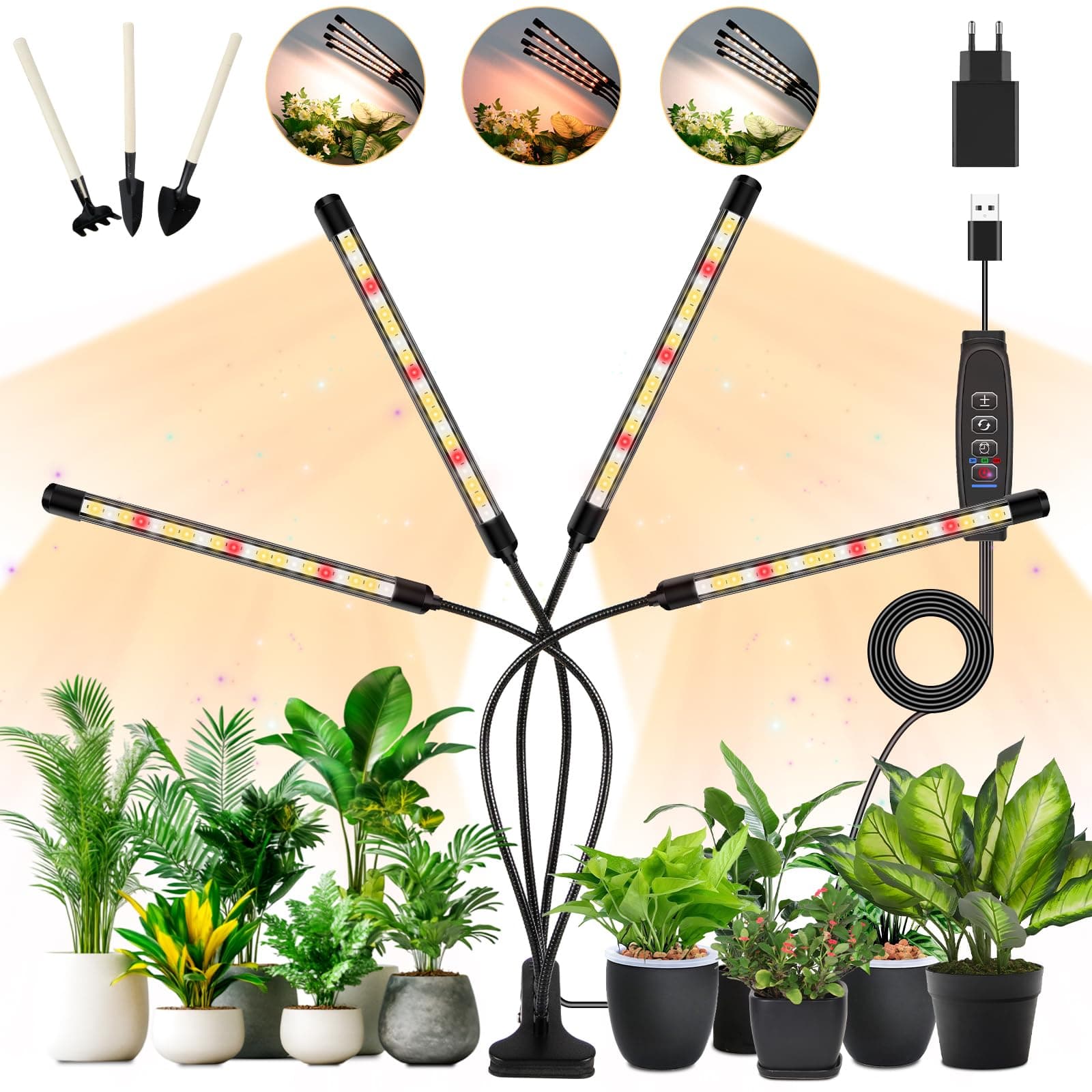 4 têtes Lampe pour plantes, Lampe de Plante en croissance, lumière de croissance à spectre complet avec minuterie auto 3H/9H/12H, 3 modes et 10 niveaux de gradation pour les semis et les succulentes