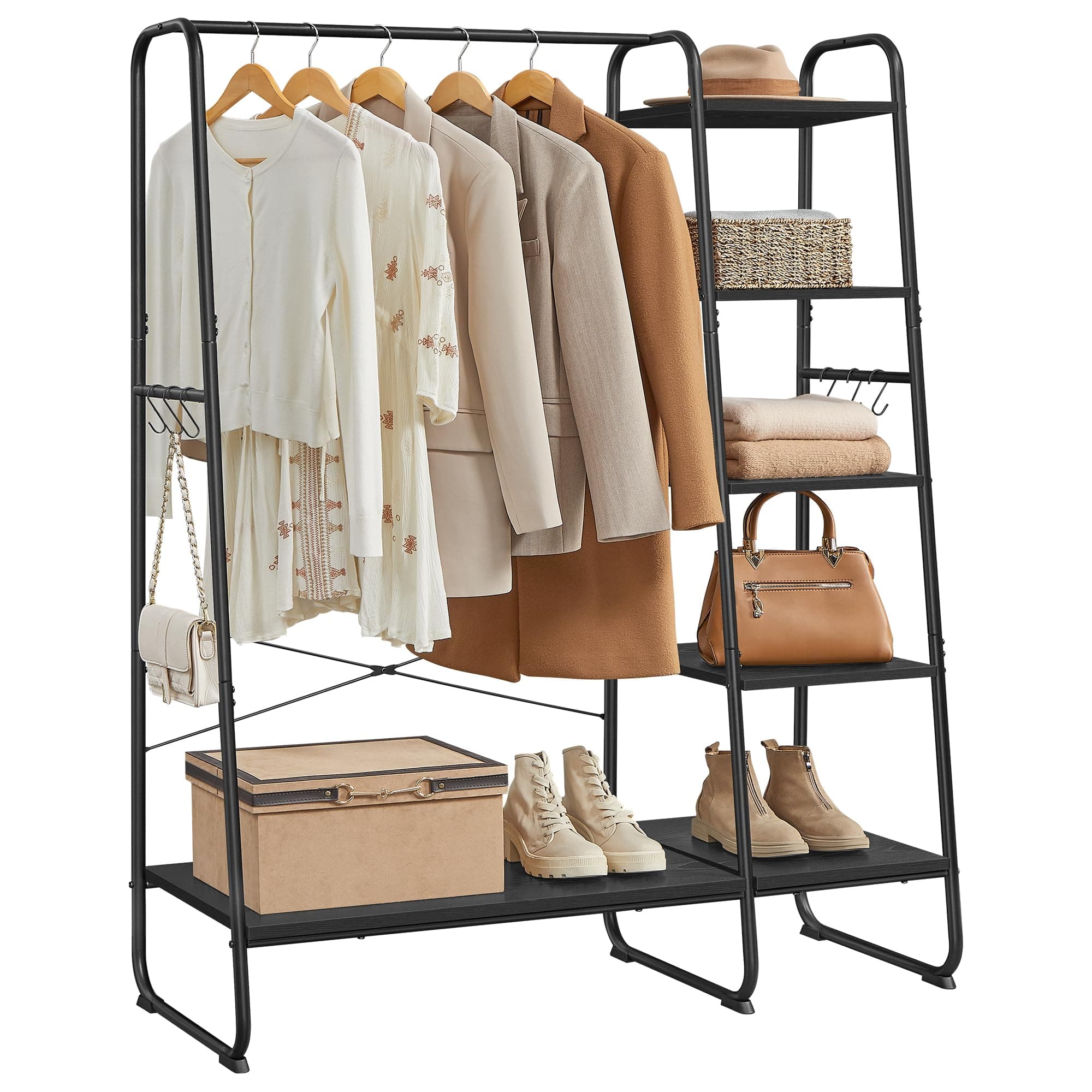 VASAGLE Kleiderständer, Garderobenständer, 45 x 120 x 160 cm Garderobe, Kleiderstange, Schuhablage, offener Kleiderschrank, 6 Haken abnehmbar, Schlafzimmer Flur, ebenholzschwarz-Mattschwarz RGR116B02