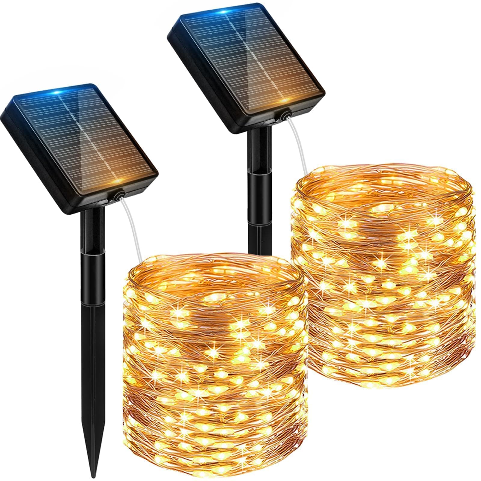 Peasur Guirnaldas Luces Exterior Solar - 2 Pack 12+2M/120LED Luces Solares LED Exterior Jardin Navidad Solares Luz Solar Jardin Cadena para Exteriores Decoracion Arbol, Cálido