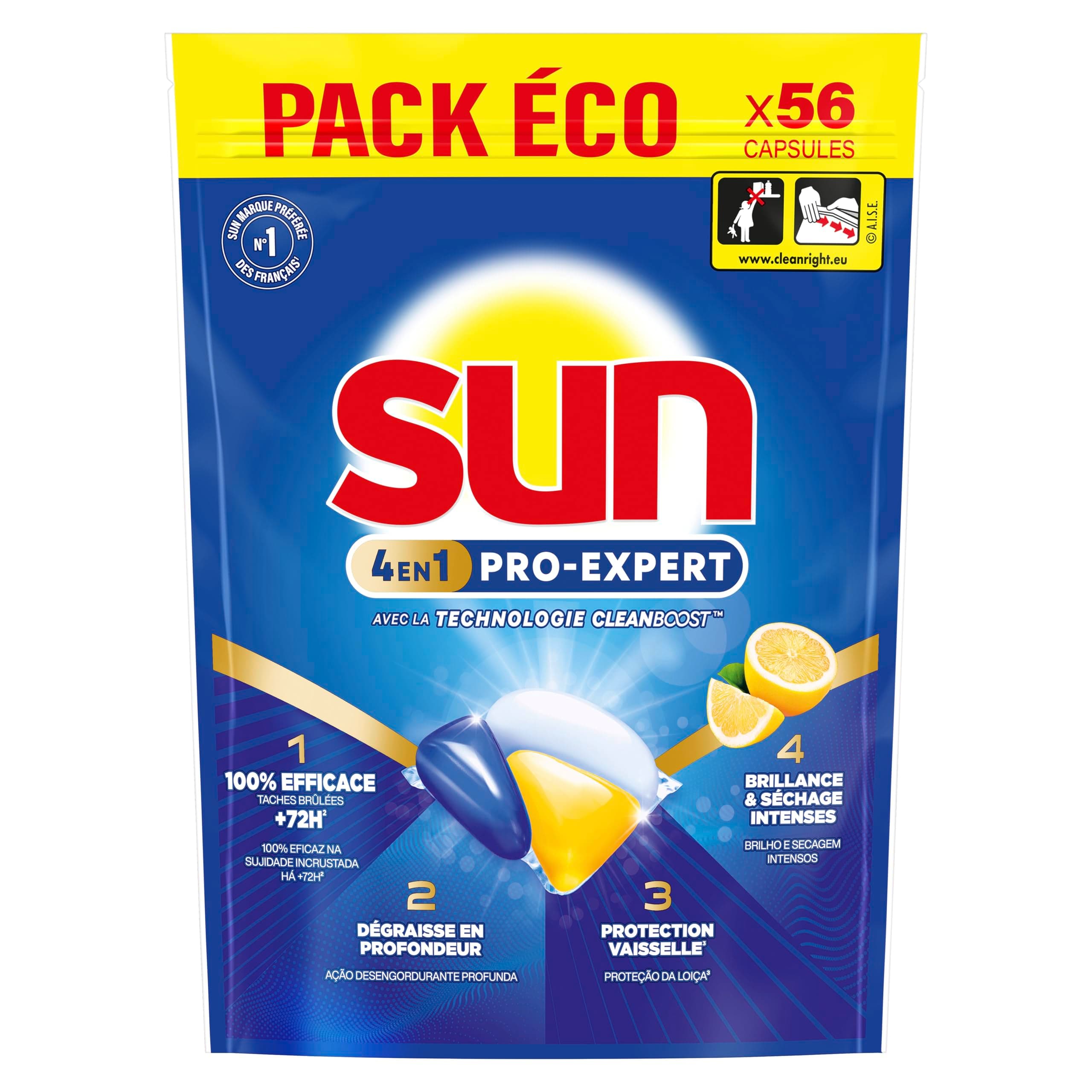Sun - Pro Expert - Pastilles Lave Vaisselle - Action 4 en 1 - Citron - Elimine 100% des taches brûlées de +72h - dégraissent en Profondeur - 56 Capsules