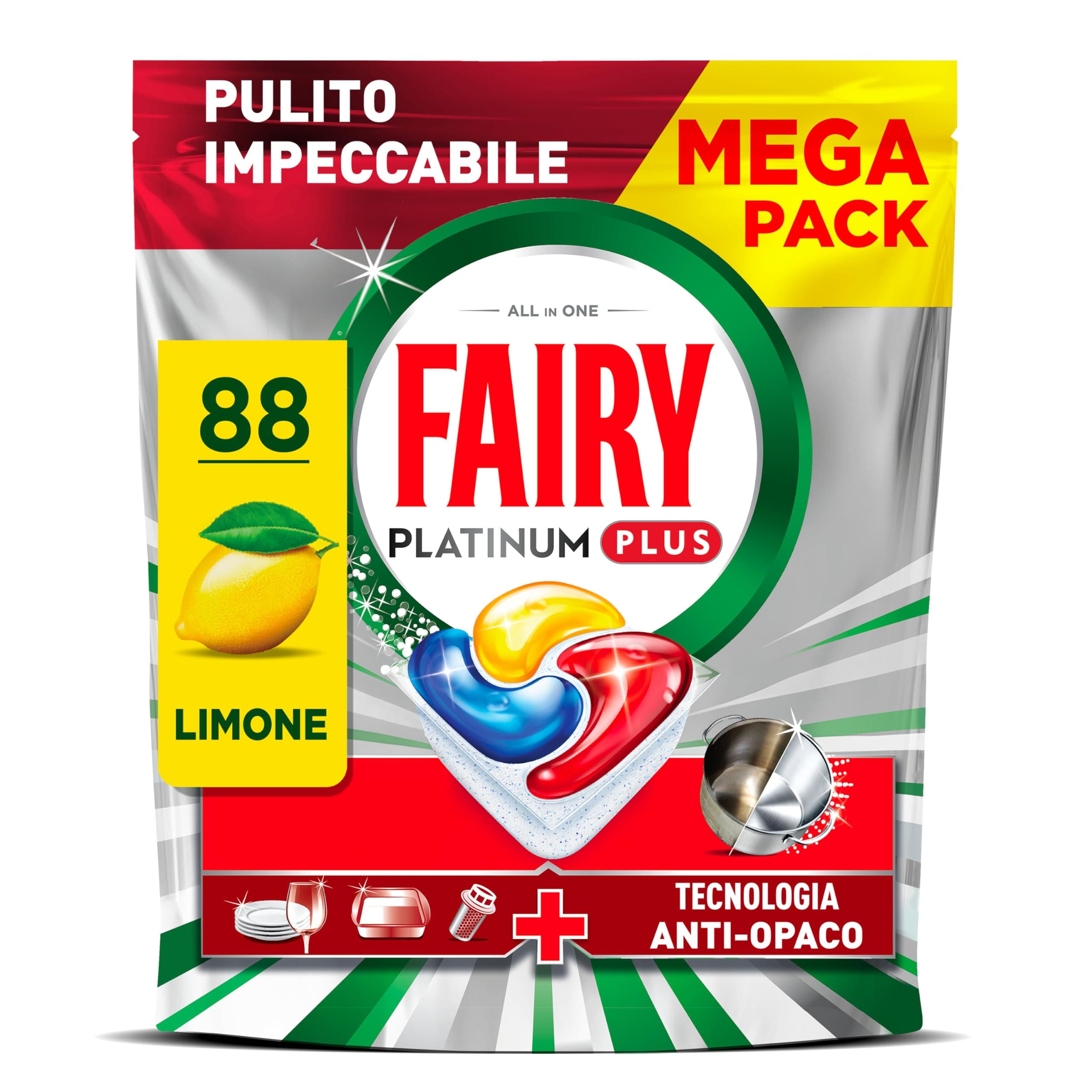 Fairy Platinum Plus Pastiglie Lavastoviglie Tutto in Uno, 88 Caps, Limone | Detersivo in Capsule, Stoviglie Brillanti, Rimuovi Grasso, Efficace nei Cicli Brevi al Primo Lavaggio, Anti-Opaco, Pack XL