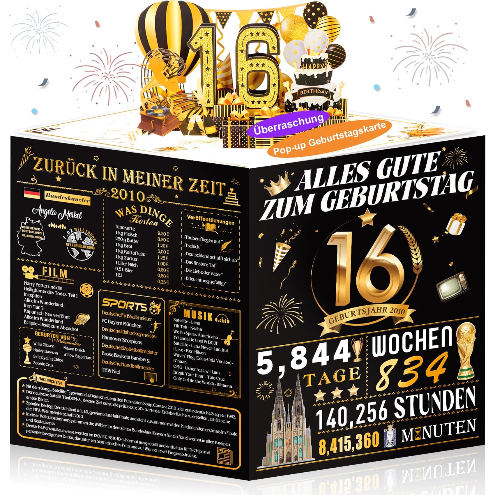 OLOSONG Geburtstagskarte 16 Geburtstag - 3D Pop Up Karte Geschenke 16 Jahre Mädchen Junge, Lustige Goldene Deko 16. Geburtstag Für Freund Tochter Sohn Schwester Sie Ihn, Back in 2010 Mit Umschlag