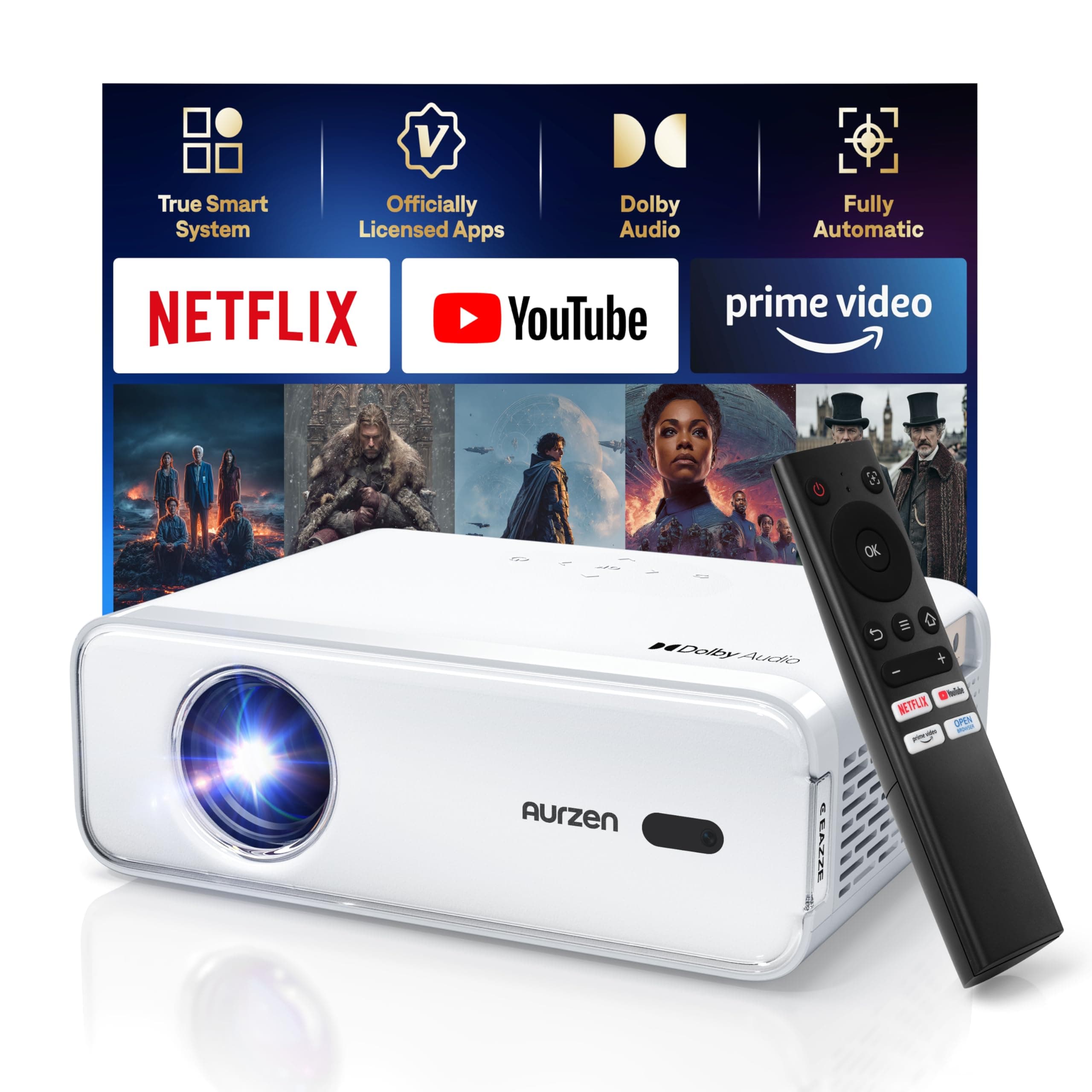 Proyector 4K Soporte【Oficial NetfIix/Auto Focus/Keystone/DoIby Audio】 AURZEN Eazze D1 Proyector Full HD 1080P Nativo, con Bluetooth y Wi-Fi, con una Aplicación Incorporada Youtube/Prime Video