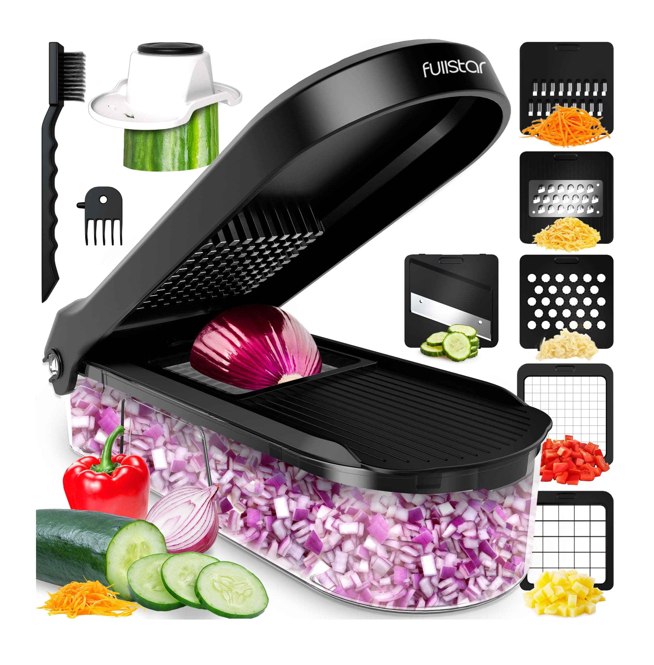 Fullstar Coupe Legumes Multifonctions et Mandoline - Trancheur ou Découpe Cube Oignons Carottes Concombres Frites Fruits - Rapeuse Legume et Fromage - Cuisine Accessoires (Compact 6-en-1 Noir)