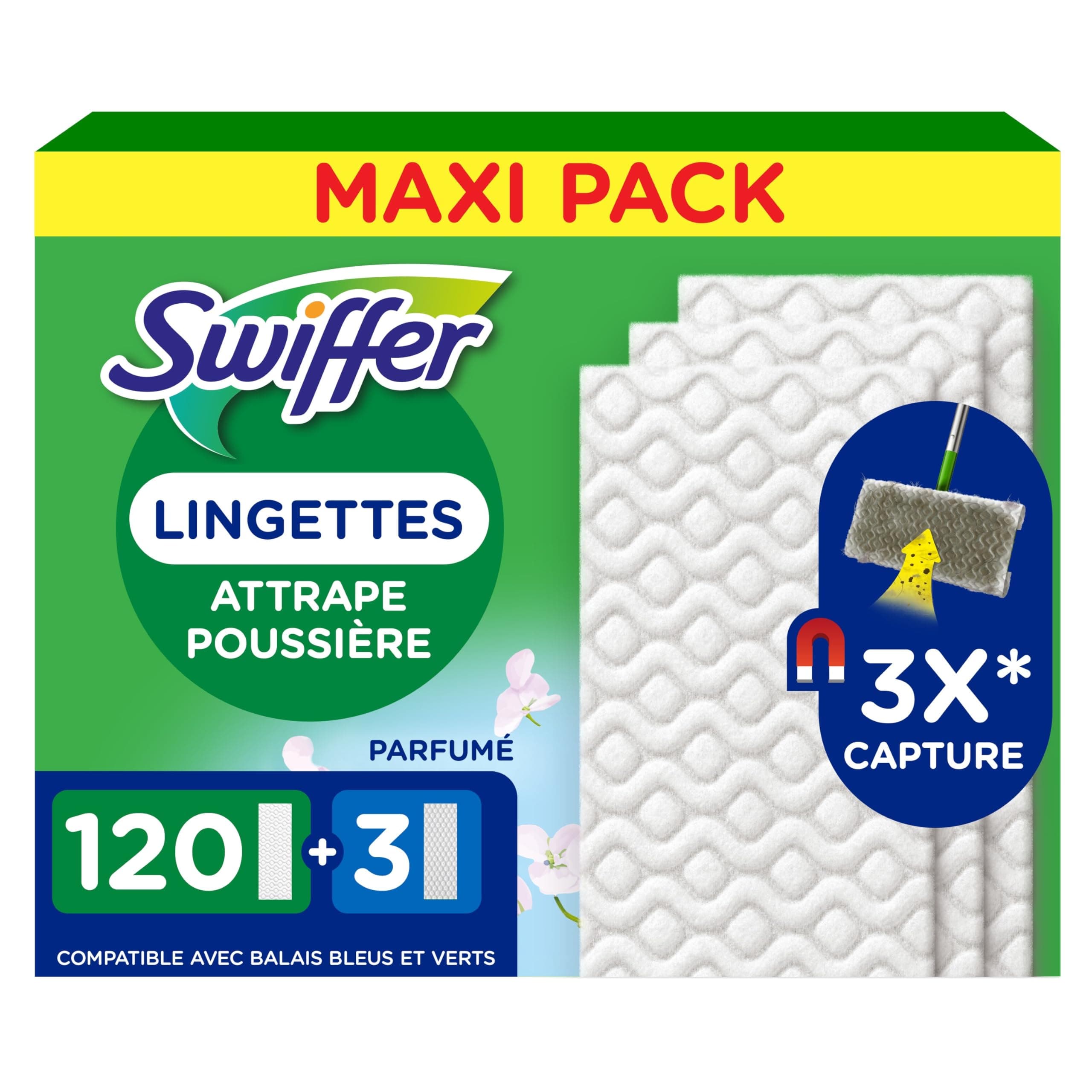 Swiffer Lingettes Pour Balai Attrape-Poussière, 120 Lingettes Sèches et 3 Lingettes Humides, Attrape Et Retient 3x Plus de Poussière qu'un Balai Classique, Pour Poils d'Animaux, Balai Vendu Séparément