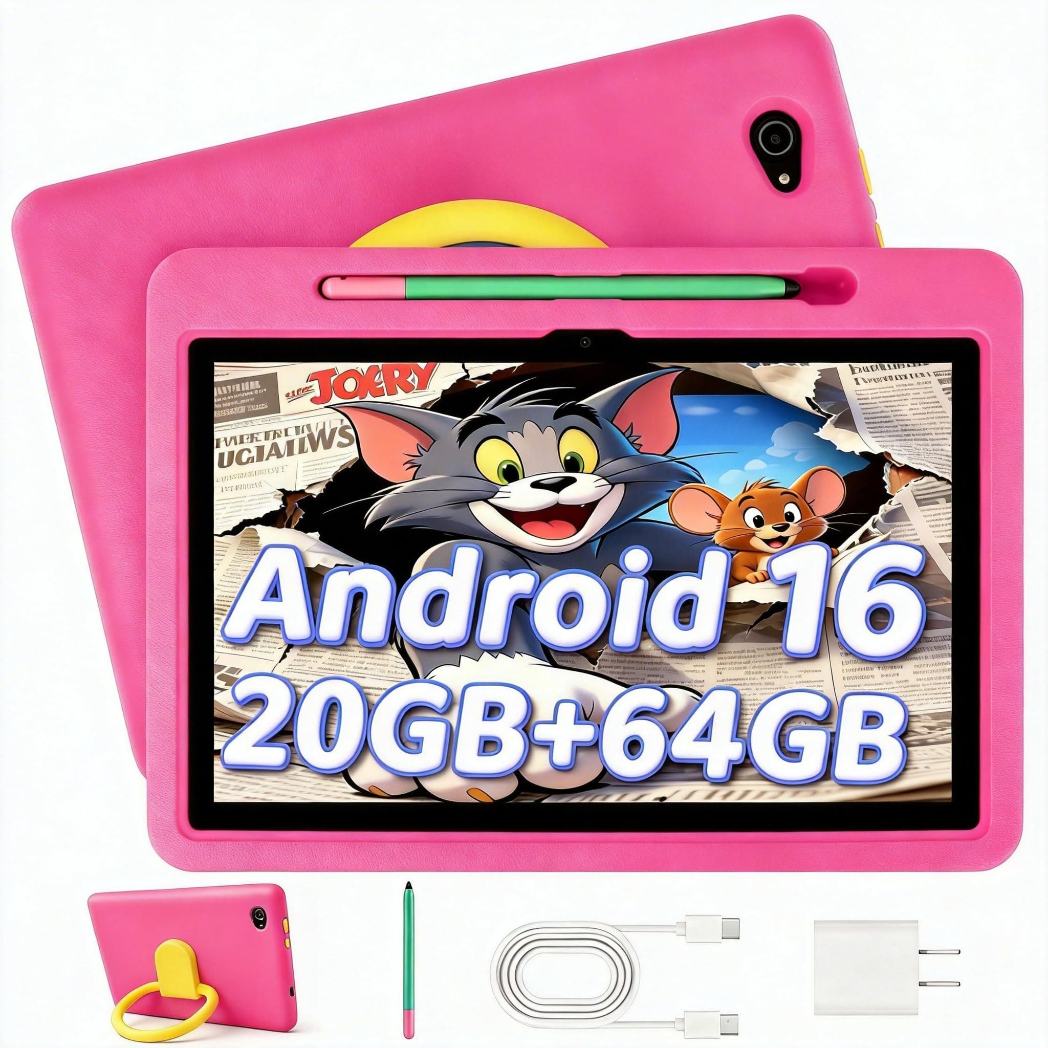Laptok Tablet Bambini 10 Pollici Android 16 Tablet, 20GB RAM 1TB TF, Controllo Parentale, Batteria 6000mAh, WiFi 6/BT 5.3, Tablet con Custodia Protettiva - Rosa
