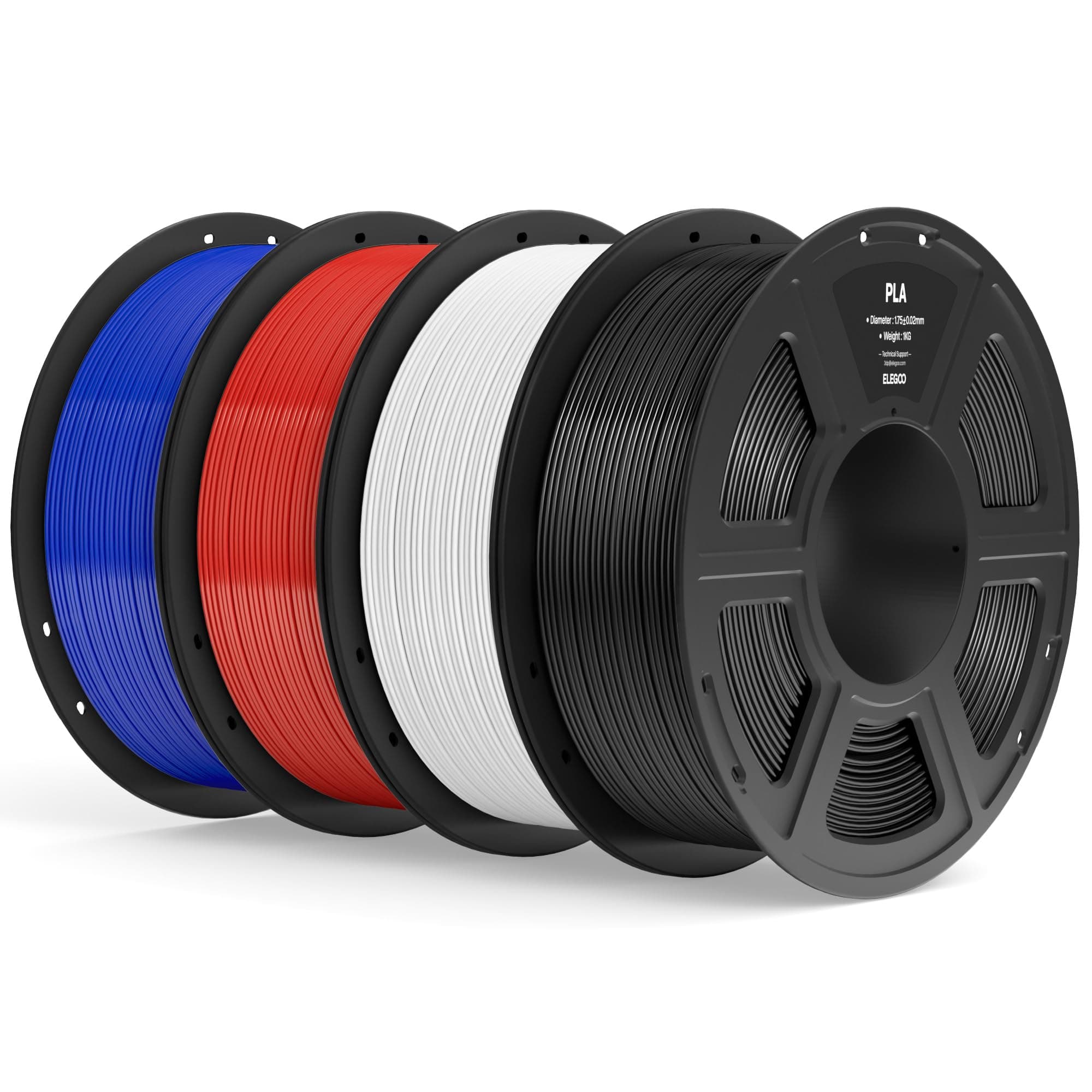ELEGOO Filament PLA 1,75 mm Noir/Blanc/Rouge Franc/Bleu Foncé 4KG, Filament PLA 3D Précision Dimensionnelle ±0,02 mm, Bobine 1 kg (2,2 lbs) Compatible avec la Plupart des Imprimantes FDM