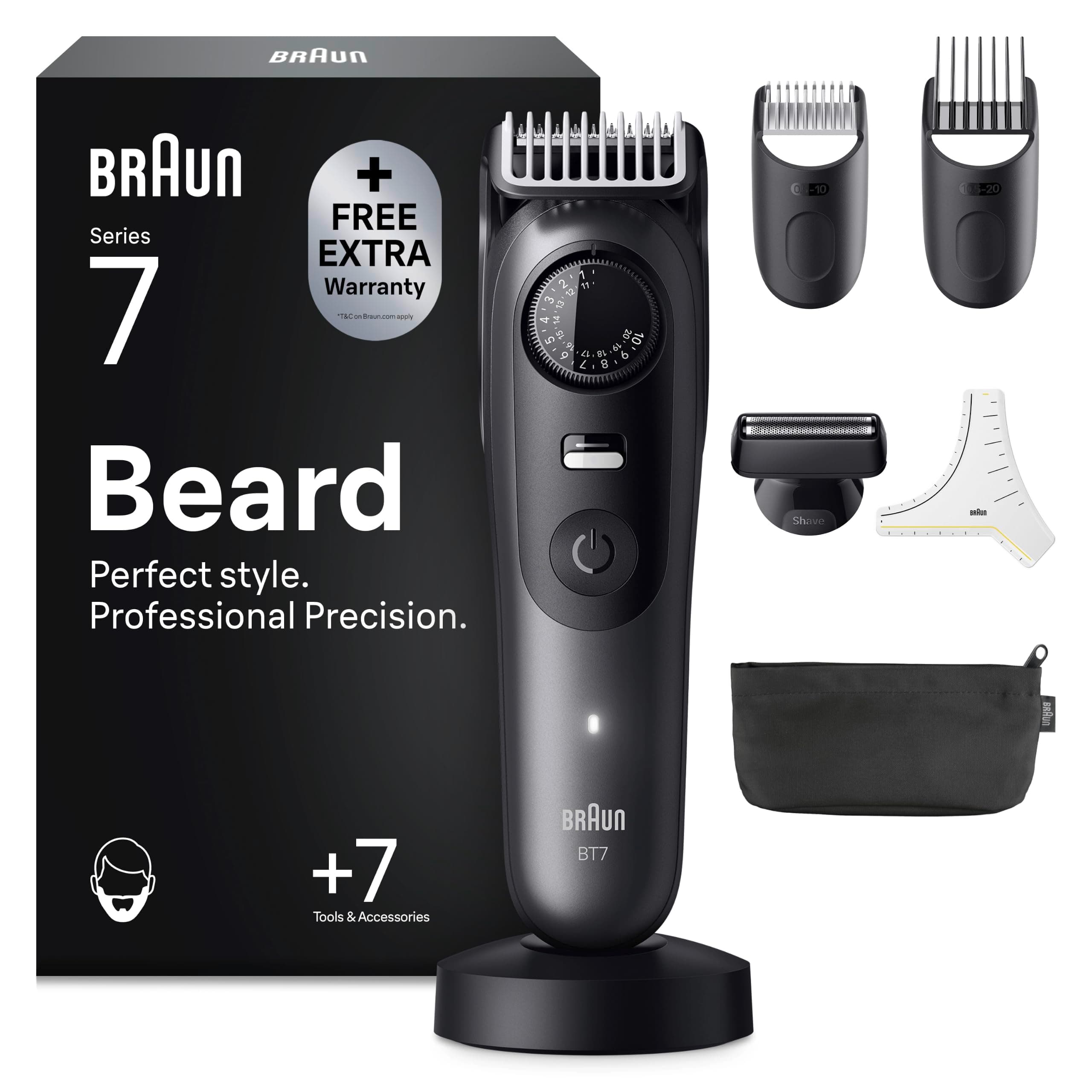 Braun Serie 7 Regolabarba Uomo, 7 Accessori, Custodia BT7525 Grigio | Rasoio Elettrico Barba con Lama Problade Affilata a Vita, 7 Strumenti da Barbiere, 40 Lunghezze, Impermeabile, Ricaricabile