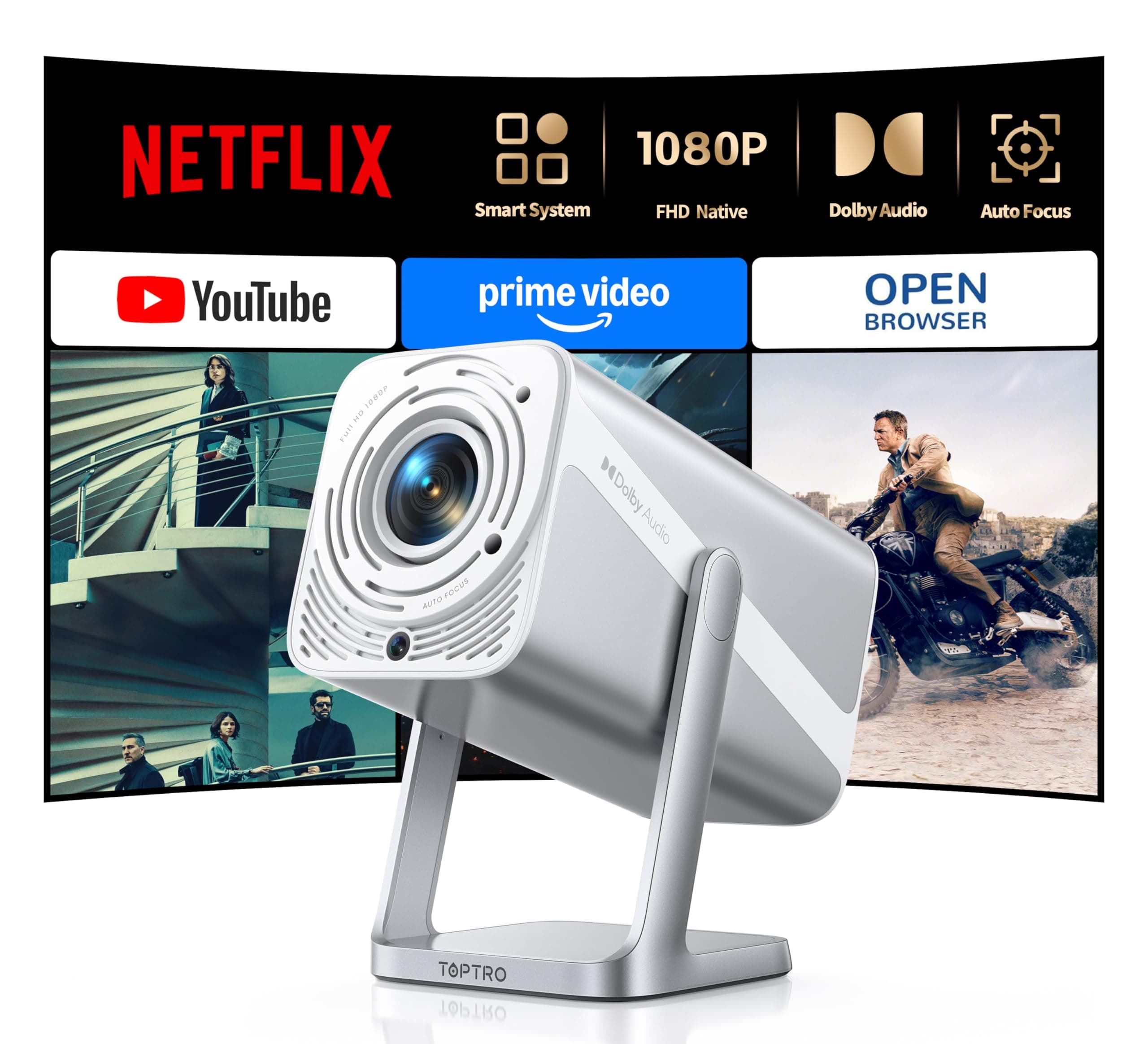Vidéoprojecteur 4K【Compatible Netflix/Dolby/Auto Keystone】 800 ANSI Vidéoprojecteur Courte Focale Bluetooth FHD 1080P, Projecteur Portable WiFi6 Rotatif 360° Zoom 50% Mini RétroProjecteur Home Cinéma