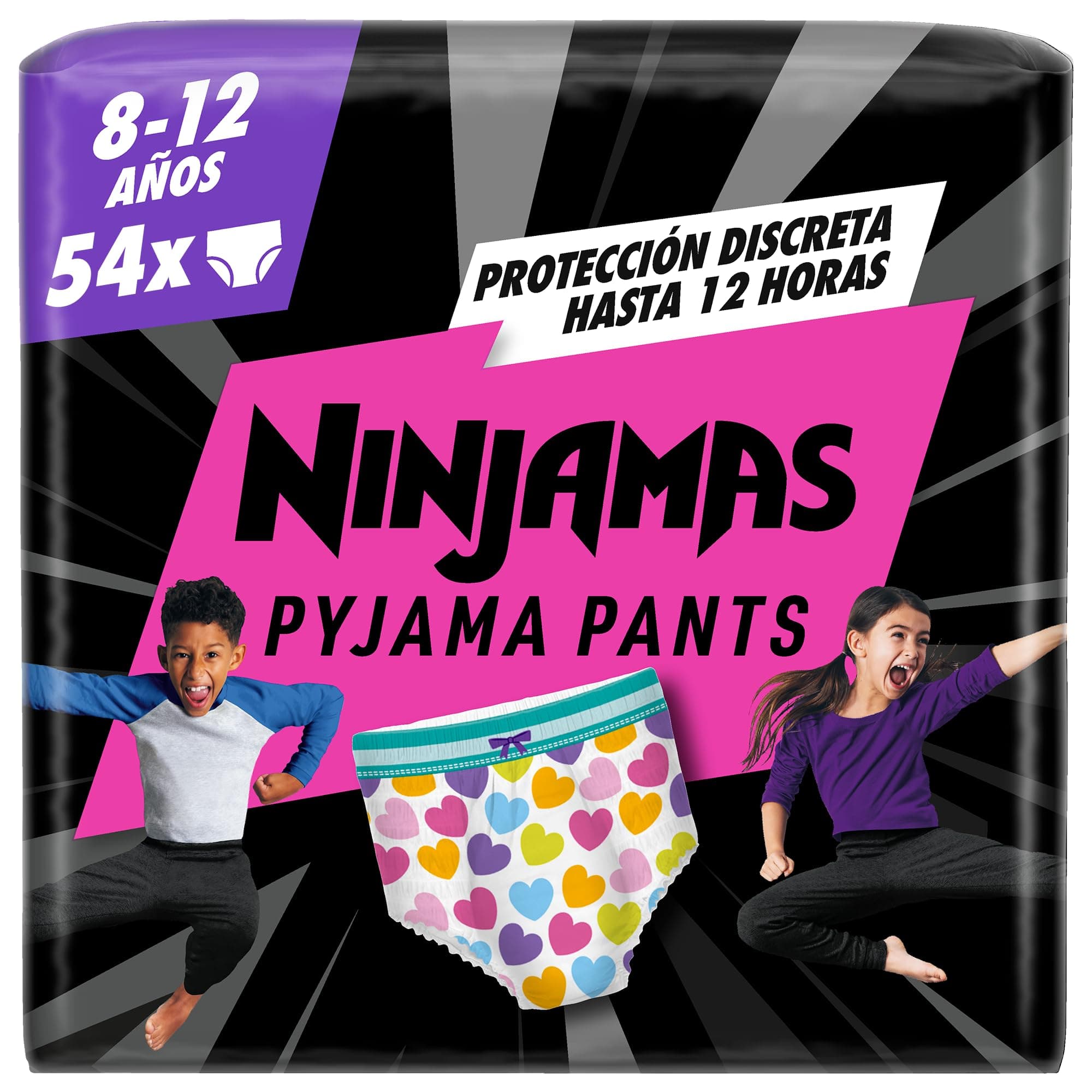 Dodot Pañal-Braguita Ninjamas, Talla 8-12 años (27-43 kg), 54 pañales tipo braguita, pañal noche con Corazones, Protección Contra Fugas Toda La Noche