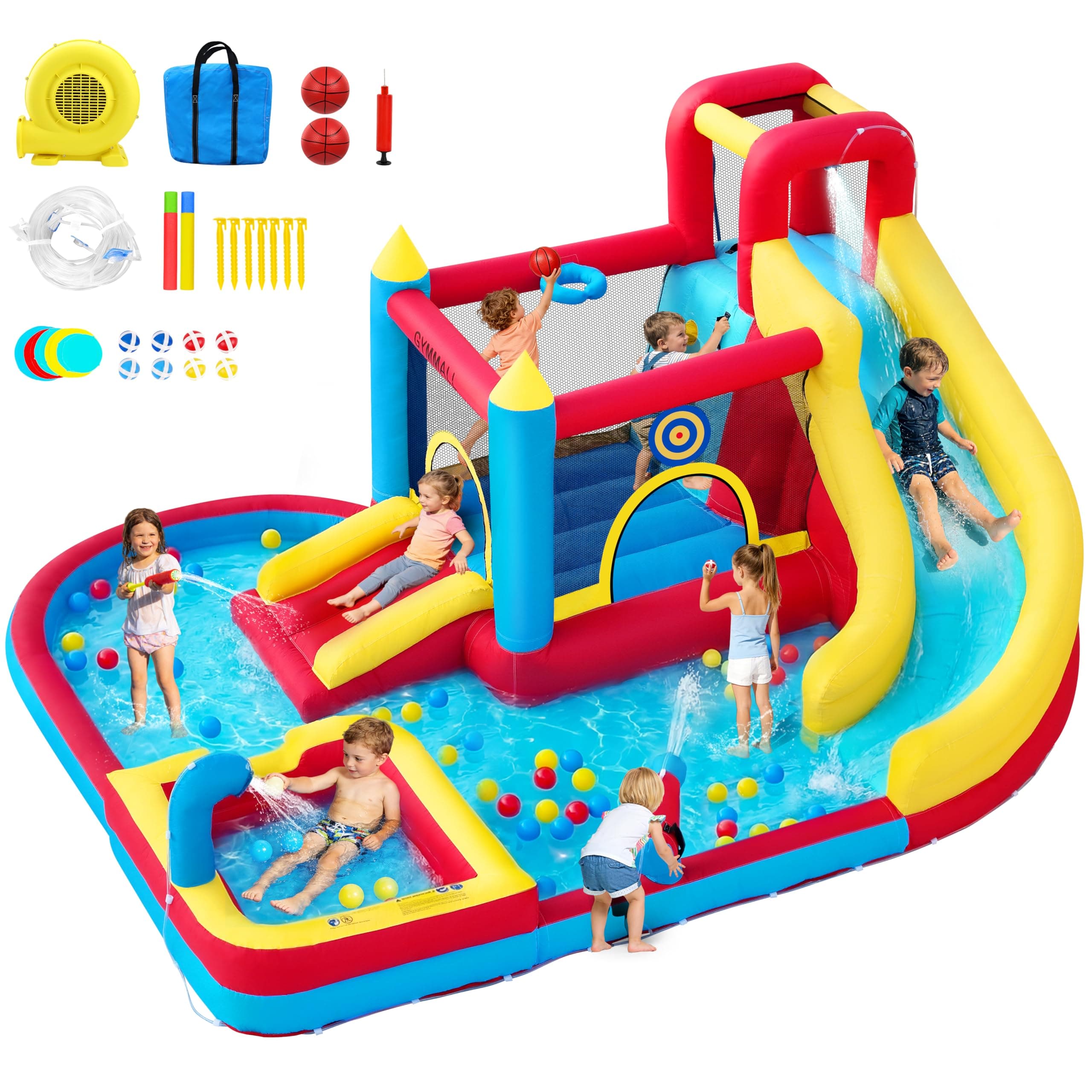 GYMMALL Château Gonflable pour Enfants, 9-en-1 avec Souffleur 480W, Long Toboggan, Mur d'escalade, Trampoline et Pataugeoire, idéal pour Les Loisirs intérieurs et extérieurs en Vacances