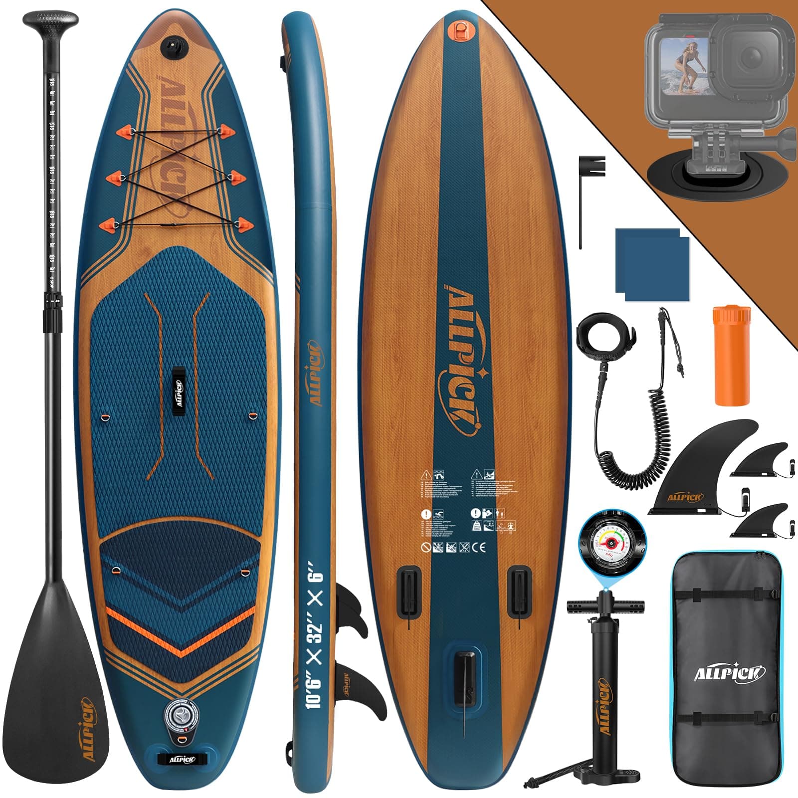 ALLPICK Tabla Paddle Surf Hinchable, Stand Up Paddle Board Sup, Tabla Padel Surf 320 cm, Soporte Universal para Cámara, Paleta Ajustable, Principiantes y Avanzados, 200 kg