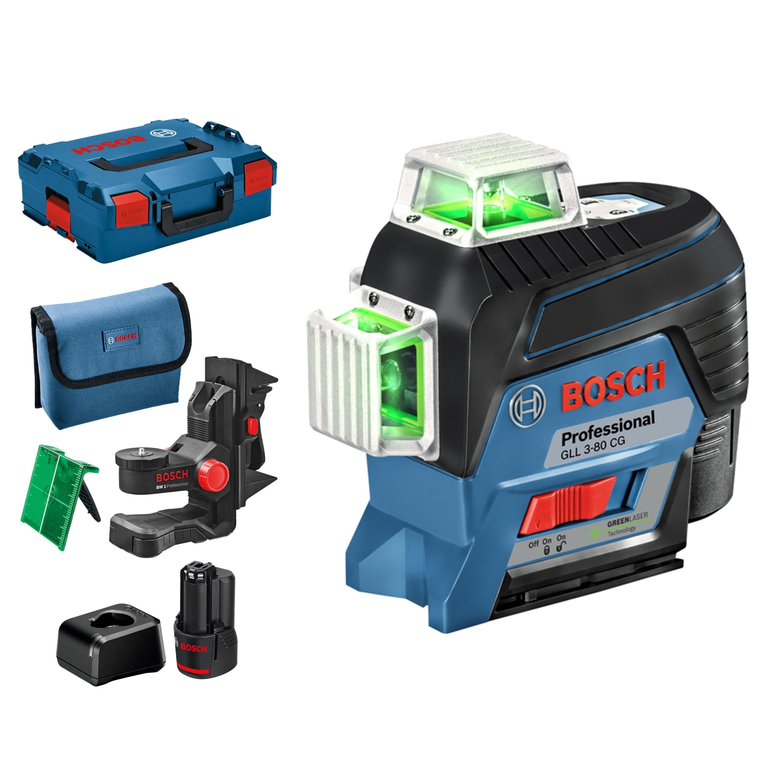 Bosch Professional 12V System laser lignes GLL 3-80 CG (2 batteries 12 V, chargeur, laser vert, avec application mobile dédiée, support, portée : jusqu’à 30 m, dans une L-BOXX) – Amazon Exclusive