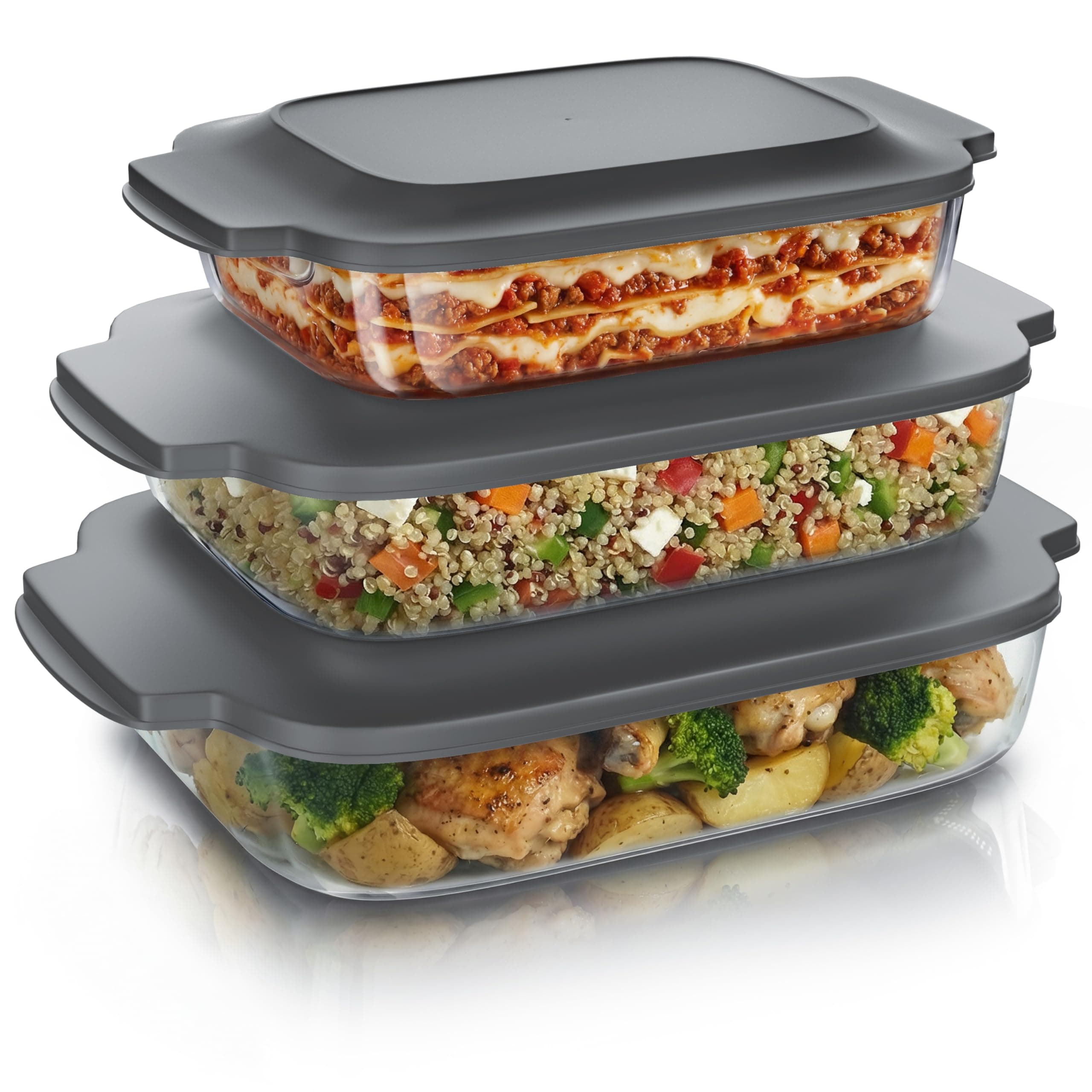 Arendo – Auflaufformenaus Glas mit Deckel - 3er Set – Borosilikatglas – rechteckige Glasauflaufformen – hitzebeständig – Ofenfest Mikrowellengeeignet - spülmaschinengeeignet – klein bis groß