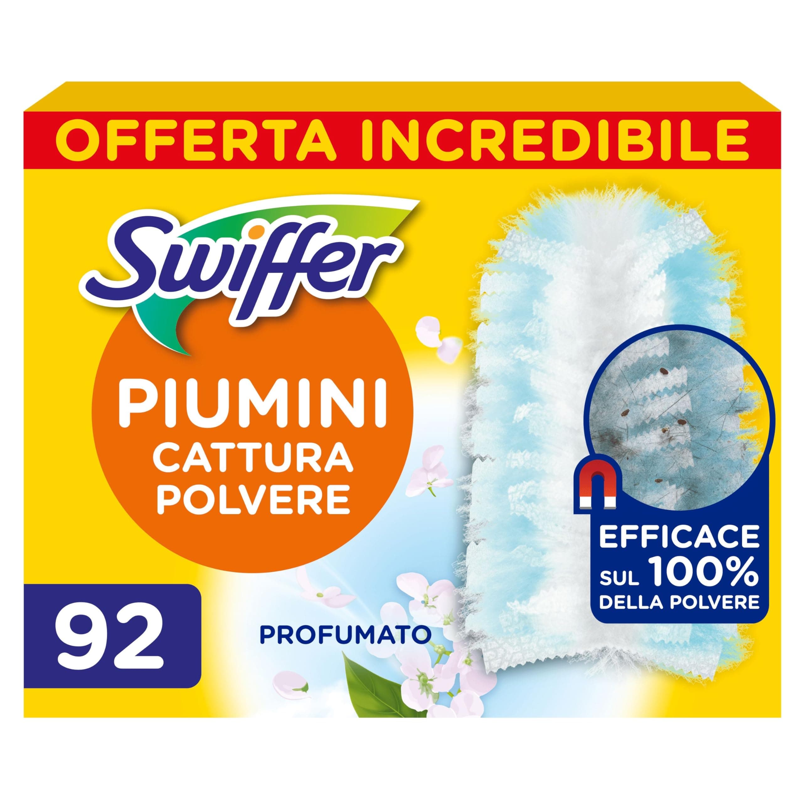 Swiffer Duster Ricariche Piumini Cattura Polvere, 92 Piumini, Cattura e Intrappola Polvere e Sporco, Raggiunge I Punti più Difficili della Casa, Con Profumo Ambi Pur, Offerta Incredibile