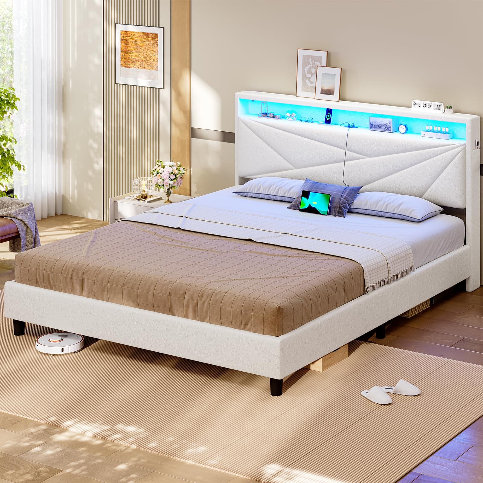 KIMENICH Lit 160x200 avec Sommier, Lit Double avec LED Réglable et Multiprise, Étagères Ouvertes et Rangement sous Sommier, Cadre de Lits 160x200 Capitonné, PU Blanc