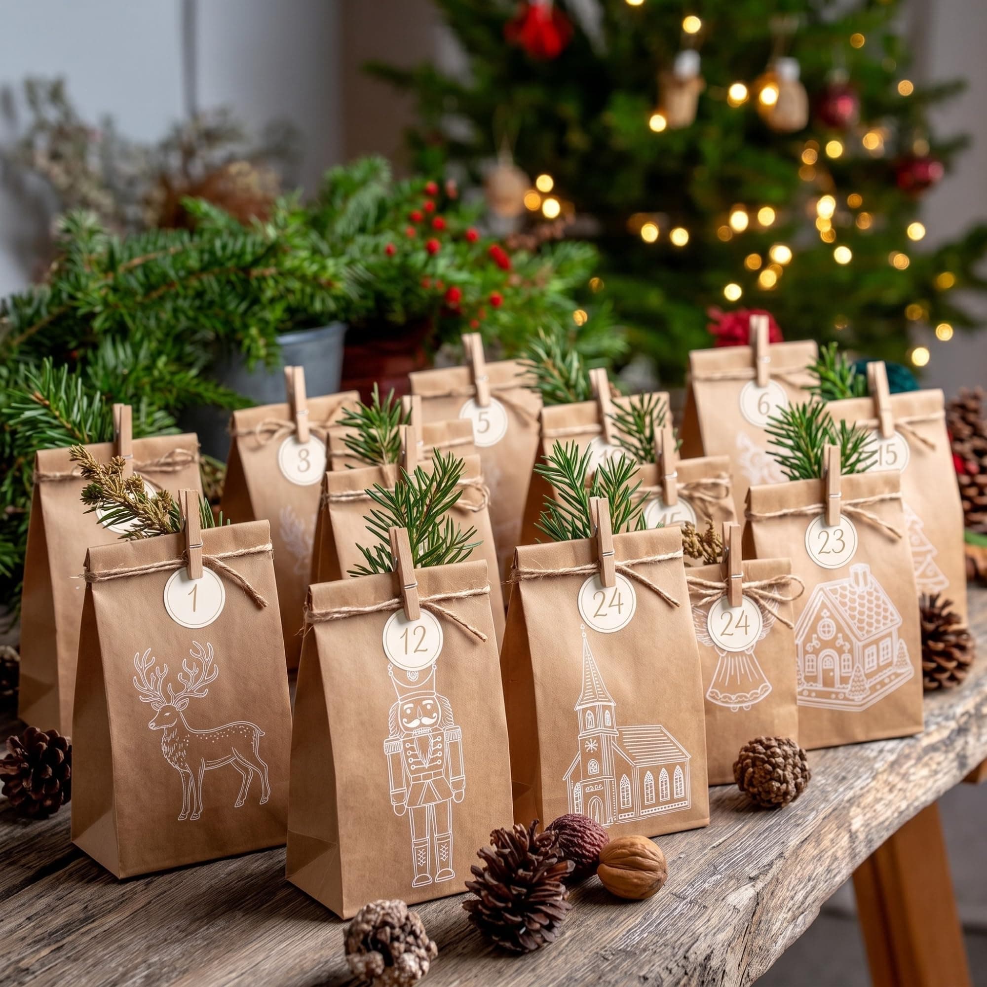 Kit de calendrier de l'Avent à remplir soi-même - 24 sacs en papier kraft, 24 autocollants numérotés, pinces en bois de 10 m, cordon de jute - Sacs cadeaux réutilisables pour enfants et adultes