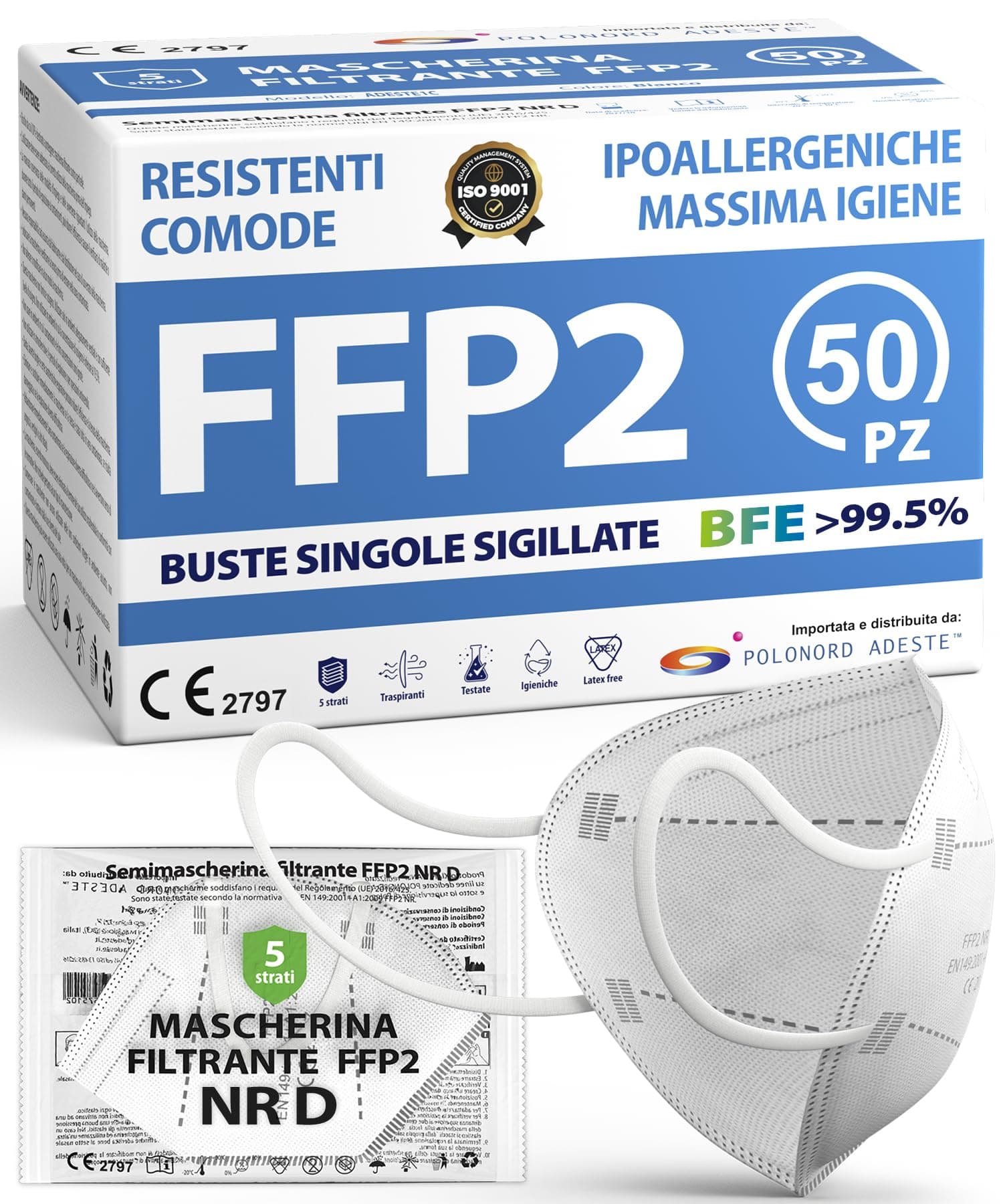 ADESTE – 50 Mascherine FFP2 Bianche Certificate CE, Filiera controllata, anallergiche, con elastici comodi e resistenti. Sicura: capacità filtrante >99,5%, Buste singole sigillate