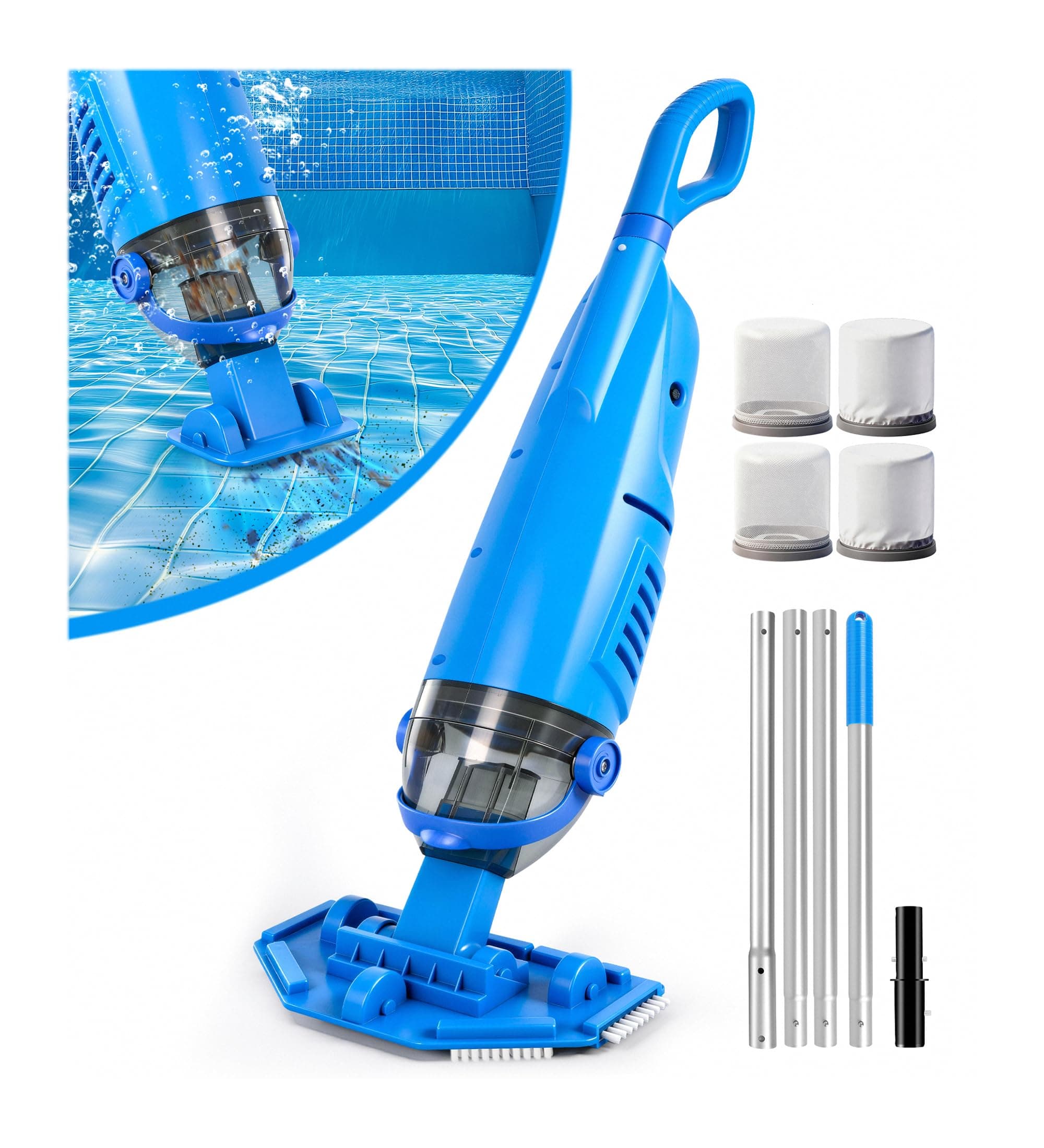 LanBlu Aspirateur Piscine Sans Fil, 2.5m Aspirateurs Piscines Batterie avec Tige Télescopique,4200L/H Manuel Aspirateur Piscine Hors Sol avec 4 Filtre,Conception Anti-retour Balai Aspirateurs Piscines