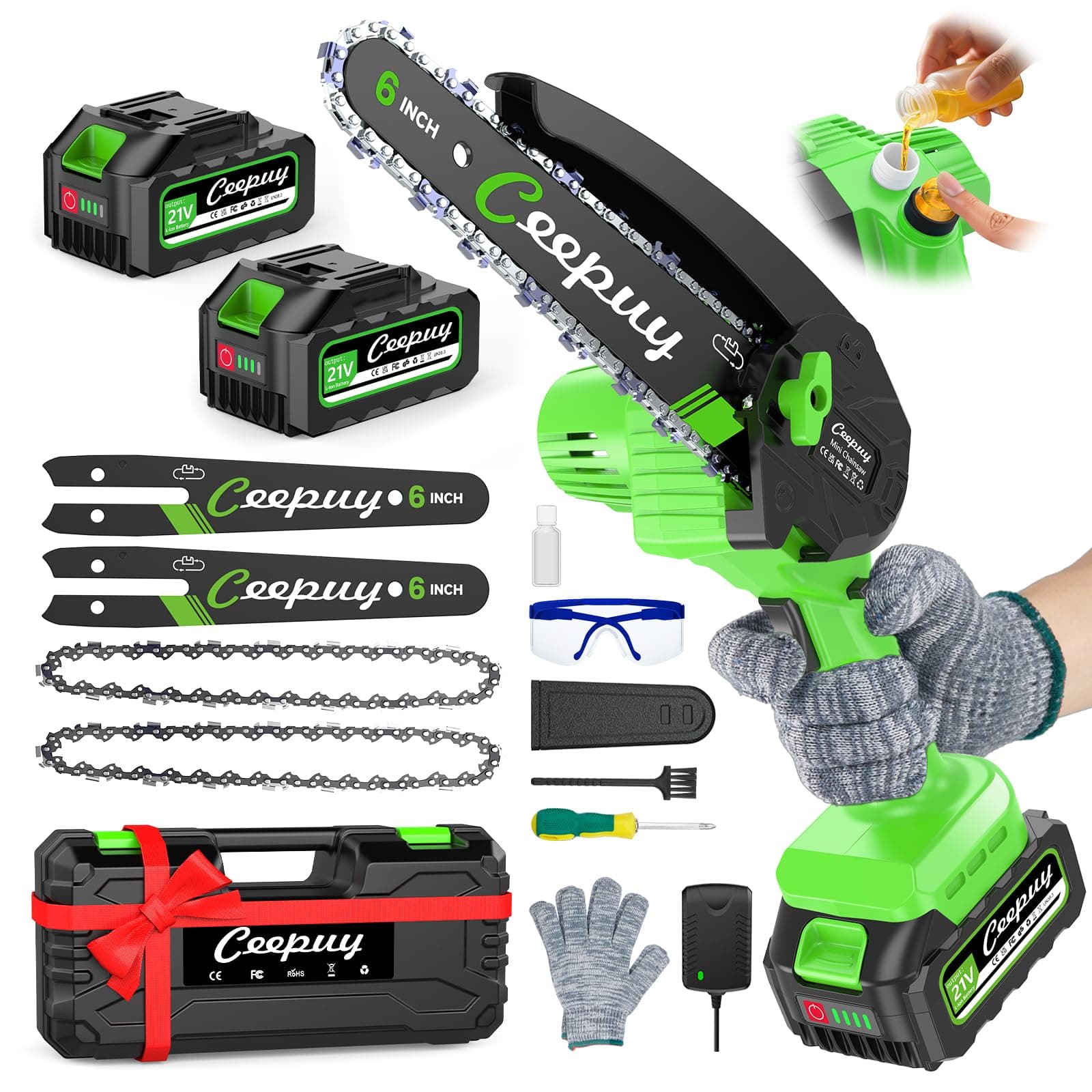 6 pouces Mini tronçonneuse à batterie 2x4000 mAh pour élagage, 880W, scie électrique avec pompe à huile, tronçonneuse électrique à batterie couper le bois et pour jardins