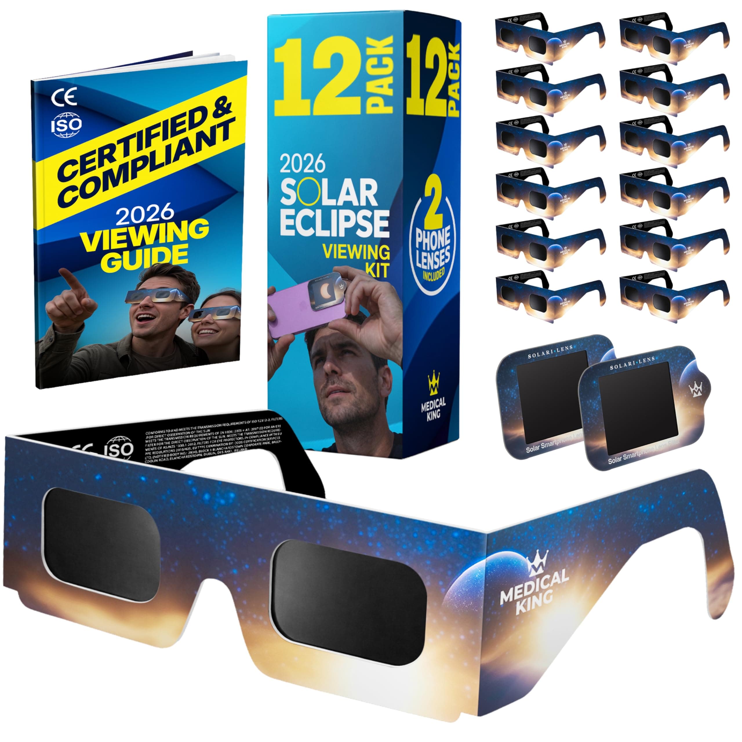 Gafas Eclipse Solar Homologadas Paquete de 12 Con 2 lentes fotográficos para smartphone Aprobados según la norma ISO 12312-2, con certificación CE: Gafas para eclipses solares Eclipse de 2026