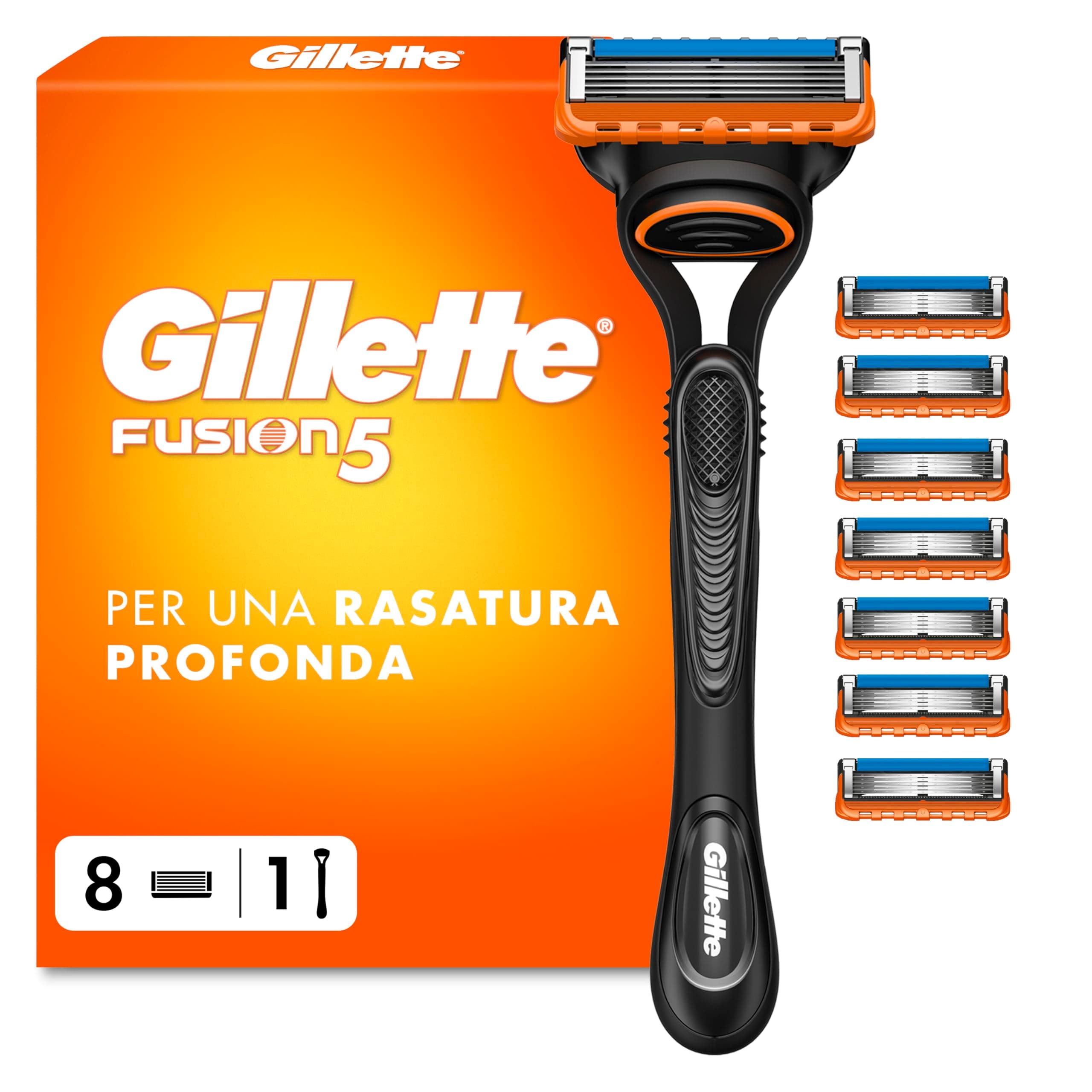 Gillette Rasoio Barba Manuale + 8 Lamette Gillette Fusion 5, LAMETTE DA BARBA Di Ricambio a 5 Lame e Rasoio Manuale Fusion 5, Rasatura Scorrevole con Striscia Lubrificante