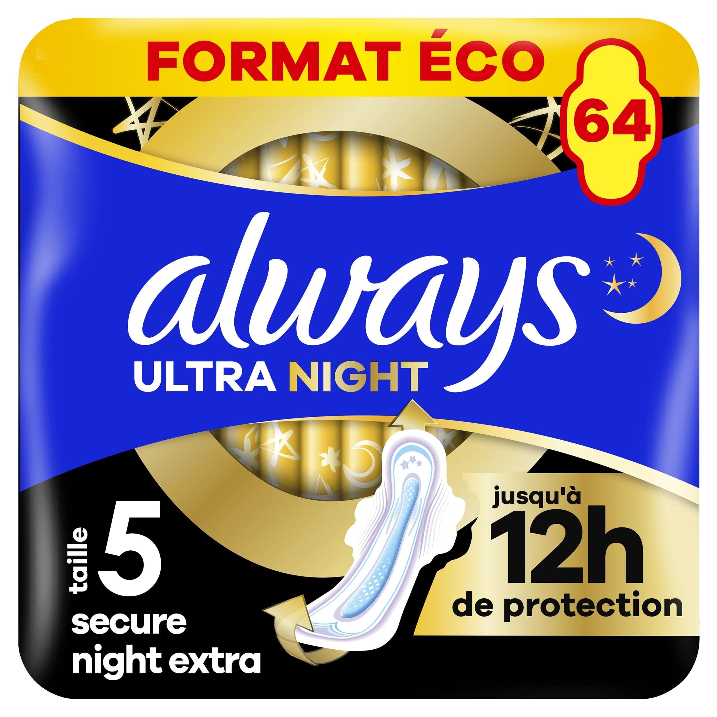 Always Ultra Serviettes Hygiéniques, Taille 5, Extra Secure Night, 64 Serviettes Avec Ailettes, Flux Très Abondants Nuit, Format Eco, Max Confort, Super Absorbantes et Ultra Fines