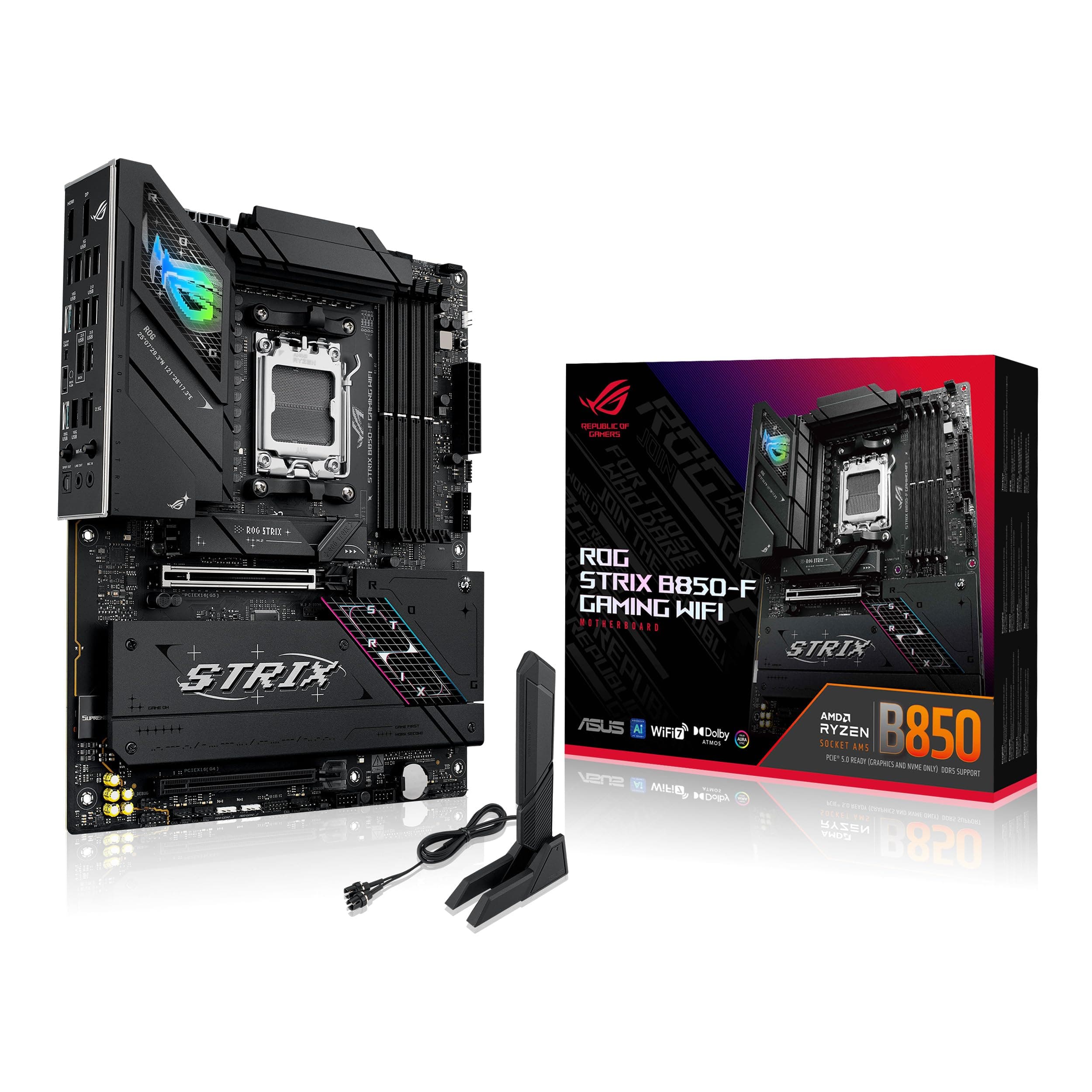 ASUS ROG Strix B850-F Gaming WiFi - Placa Base AMD, 16+2+2 etapas de Potencia, DDR5, Cuatro Ranuras M.2, PCIe 5.0, 19 Puertos USB, USB Tipo-C a 20 Gbps y Aura Sync RGB