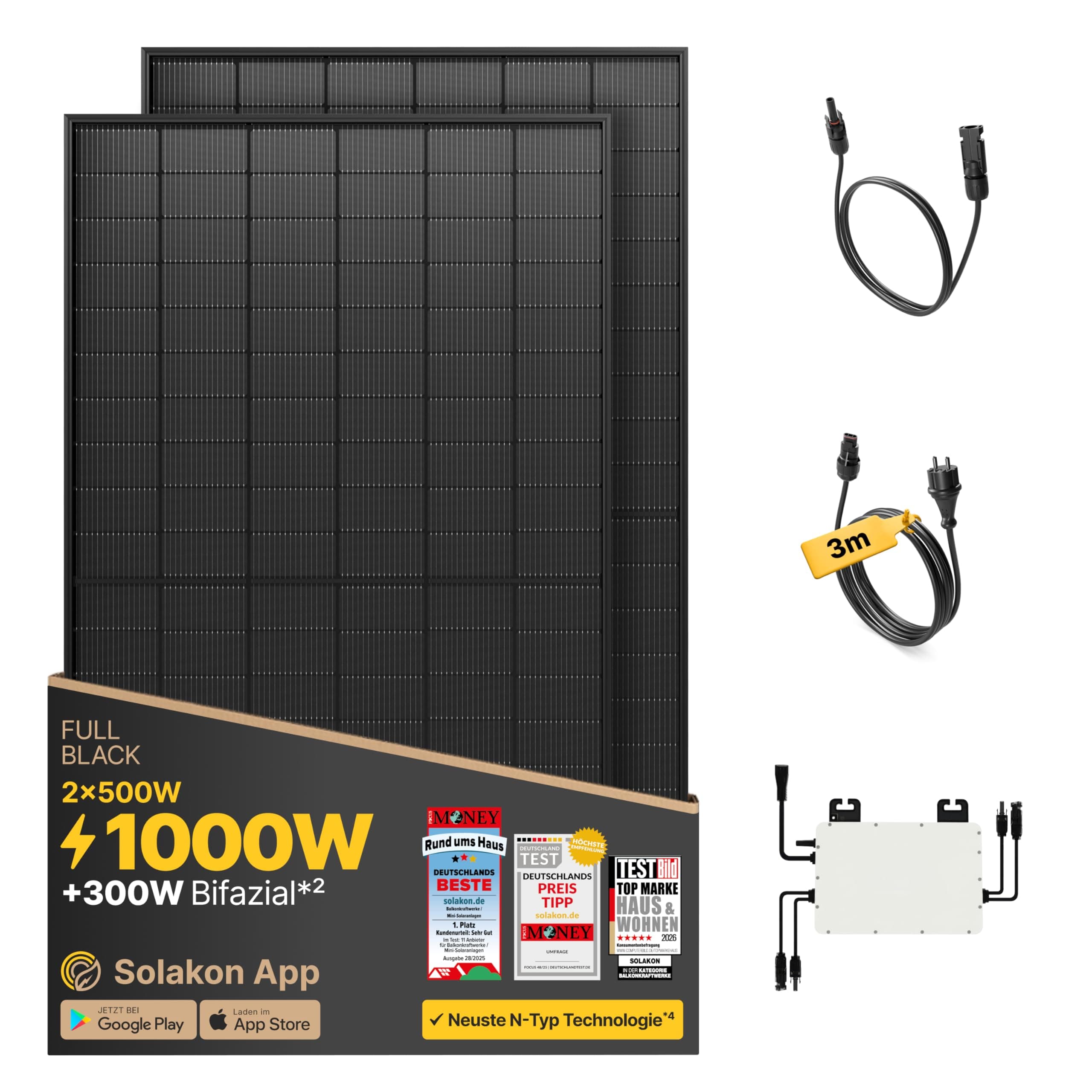 Solakon® 1000W Balkonkraftwerk - Balkonkraftwerk 800W komplett Steckdose - neuester 800 Watt Wechselrichter - Solaranlage Komplettset - 500W bifaziale Solarmodule inkl. Zubehör - 3m Kabel